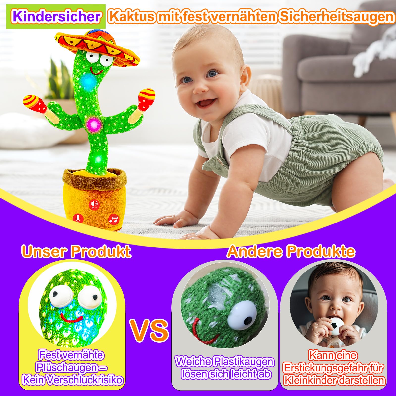 Tanzender Sprechender Kaktus Baby Spielzeug, Lautstärke einstellbar, Nachahmend Singend Wiederholend, Interaktives Plüsch-Babyspielzeug/Geschenk für Jungen Mädchen (Kaktus Trommel Akku)
