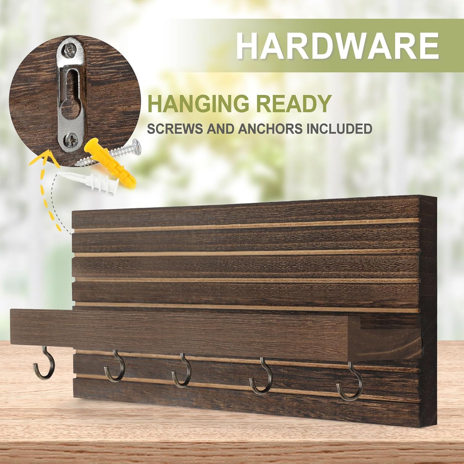 Lwenki Decorative Key Holder for Wall with Shelf, Entryway Shelf with Hooks Holds Leashes, Jackets and Glasses – Sturdy Wood Keyholder Entrance Hanger with Mounting Hardware (Brown, Medium) image 4