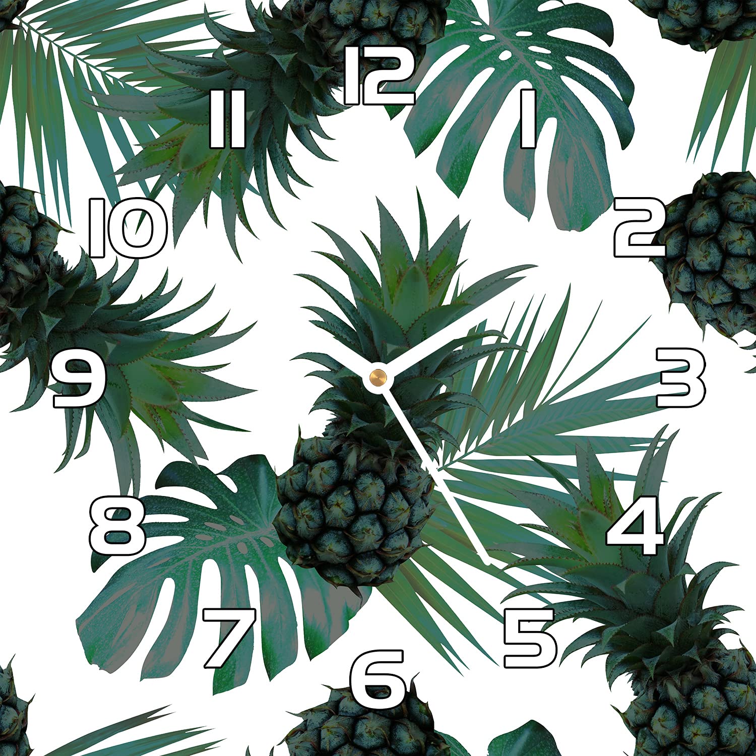 Horloge en verre salon 30x30 cm impression moderne feuilles ananas