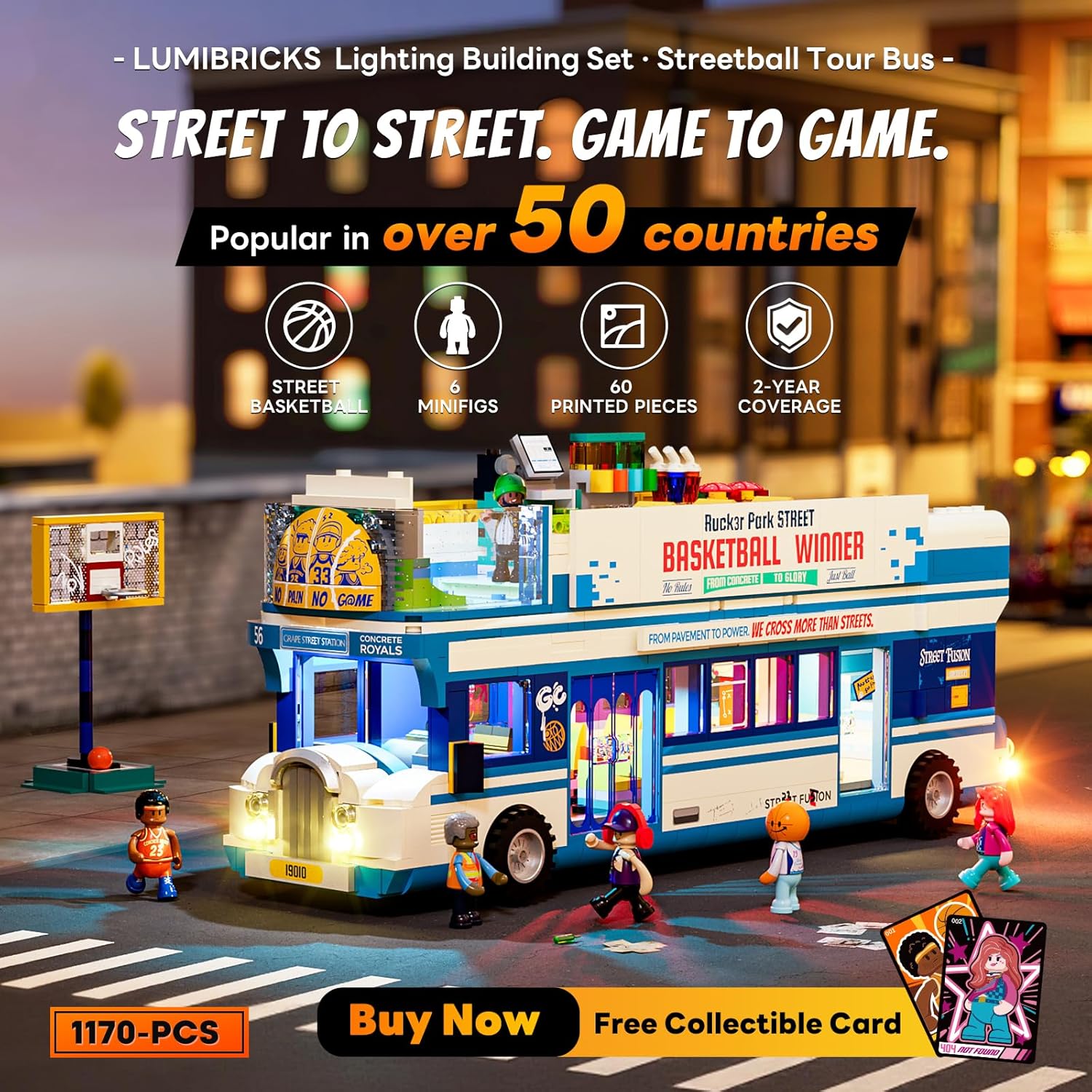 Street Fusion Streetball Tour Bus Lighting Building Bricks Set - City Town Modular Playset Collection Display kit with Minifigures 1170 Pcs for Adults & Teens & Life Enthusiasts