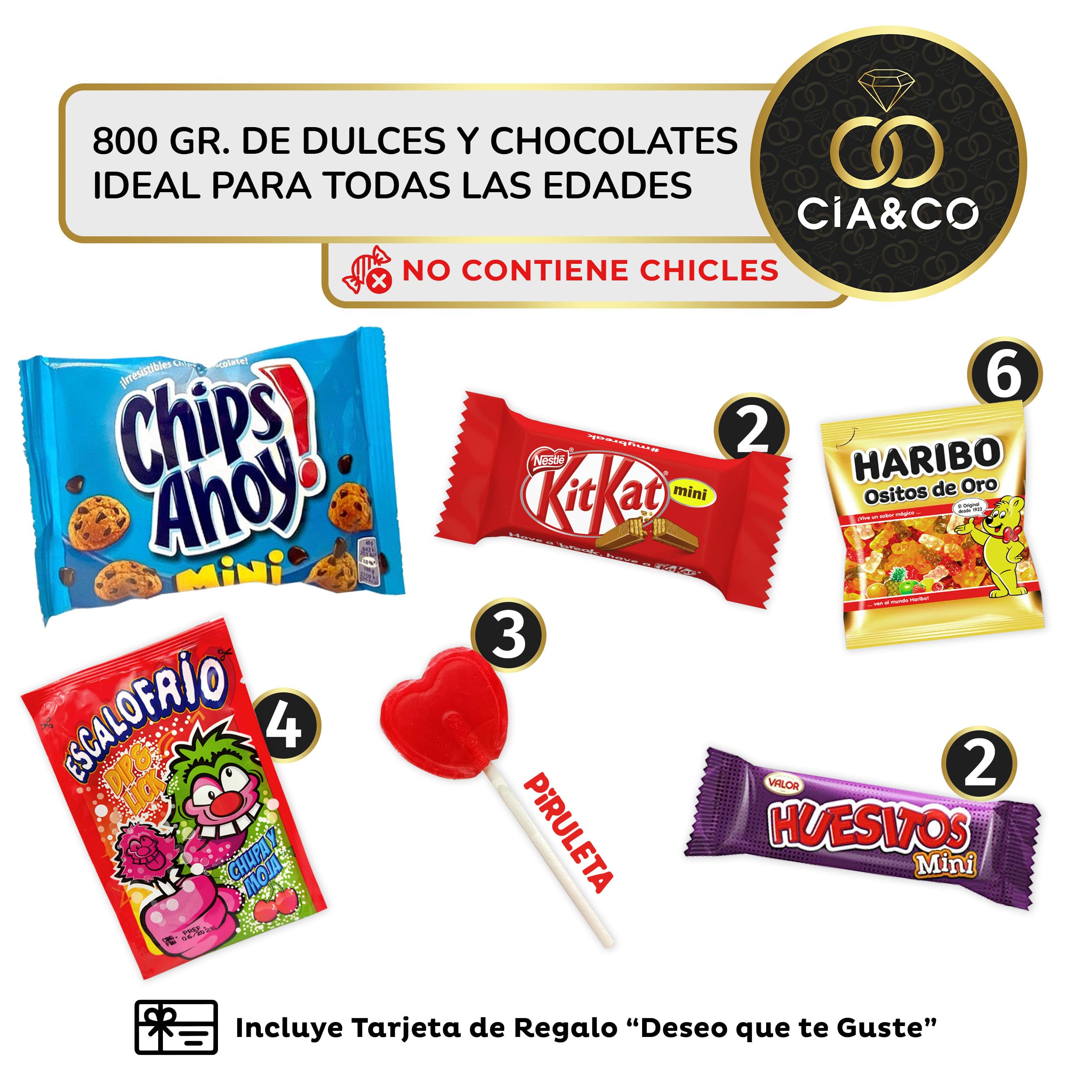 Lote Súper Chuches 800g Golosinas Chocolates Kit Kat Huesitos Chips Ahoy Piñatas Regalo Tarjeta Personalizable