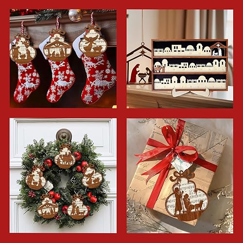 Miniatura 7 de Paquete de 5 adornos para partituras de música de pesebre, escena católica de madera, árbol de Navidad, cortado con láser, cristiano para bendición