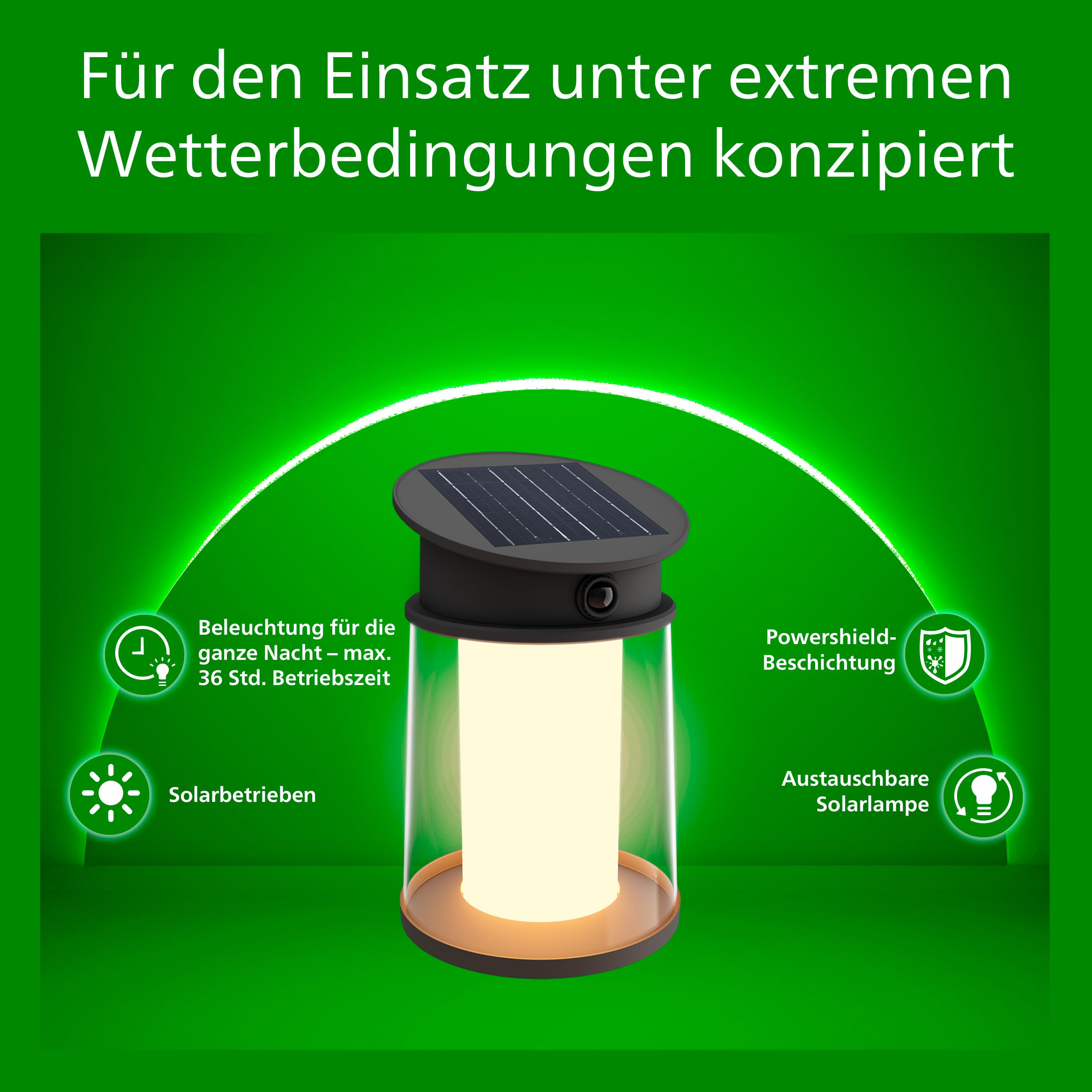 PHILIPS Juda UltraEffiziente Solar-Wandleuchte für den Außenbereich, austauschbare Solarlampe, Bewegungssensor, 2700K warmweißes Licht, Schwarz