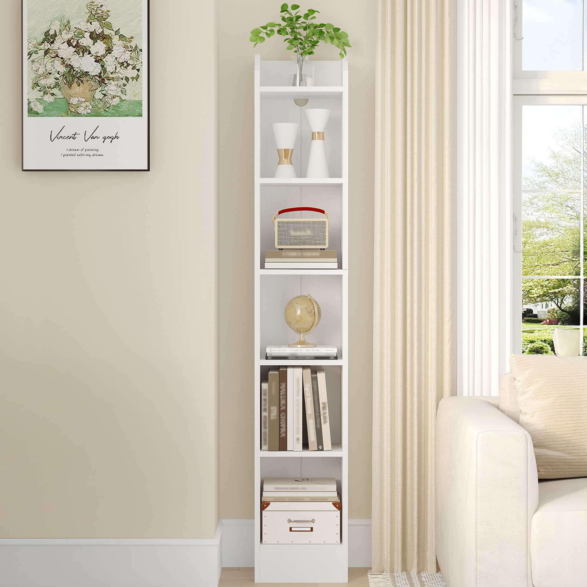 Hzuaneri Bookcase, 6-Tier Narrow Tall Bookshelf, Wooden Bookshelf with Adjustable Shelf, Open Storage Shelf for Bedroom, Living Room, Home Office, 24 x 30 x 169.5 cm, White, BC06913X