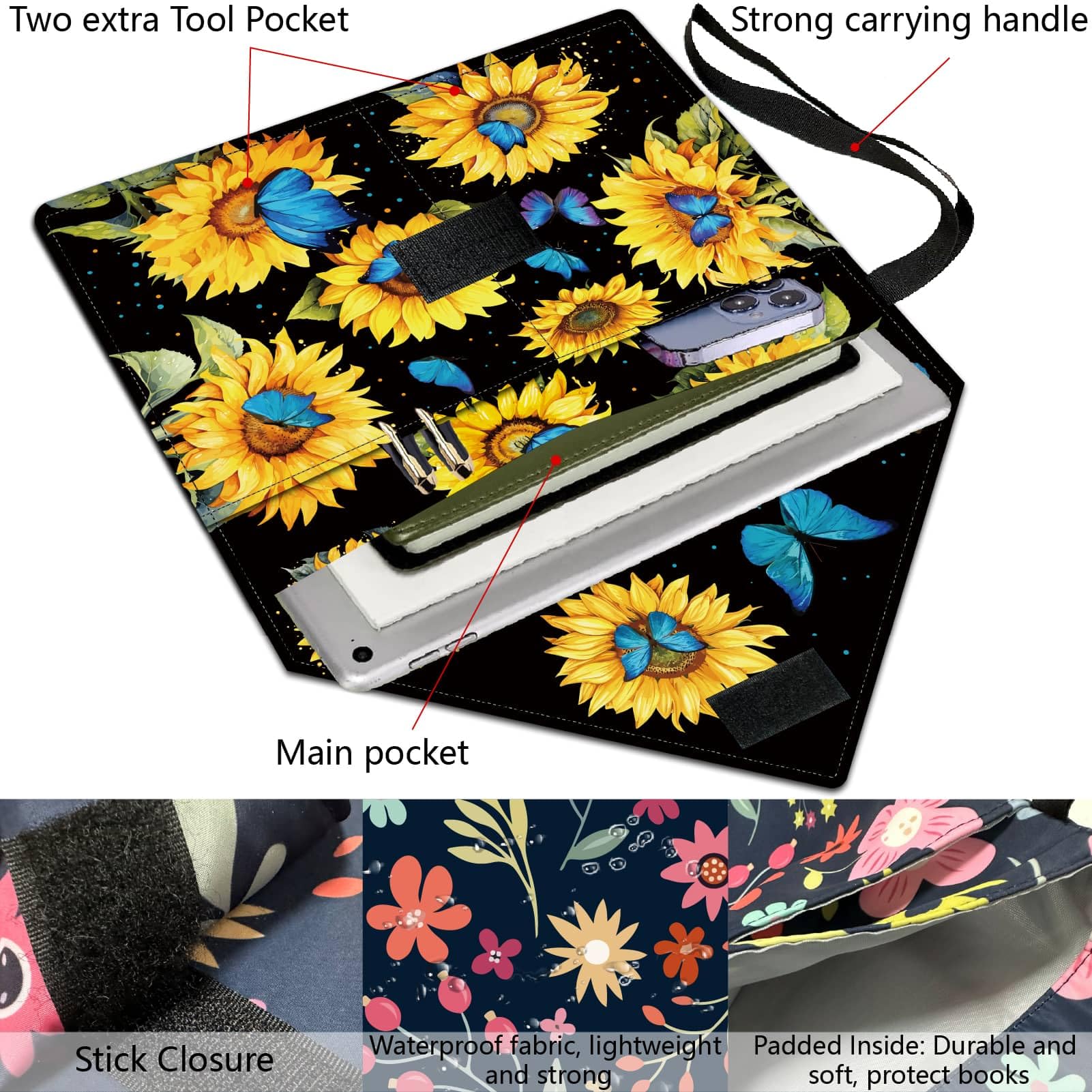 CRASPIRE Sunflower Book Cover Butterfly Book Sleeve 11.6 X 9.3 Inch Black Book Protector for Paperbacks Washable Fabric Cloth Book Cover with Handle and Extra Sleeve Pocket for Book Lovers Gifts - Image 4