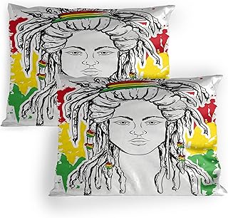 Ambesonne Rasta Pillow Sham Set of 2, Grunge Ethiopian Flag Colors with a Black and White Sketchy Girl Image, Quality Microfiber Bedding Item for All Seasons, 26