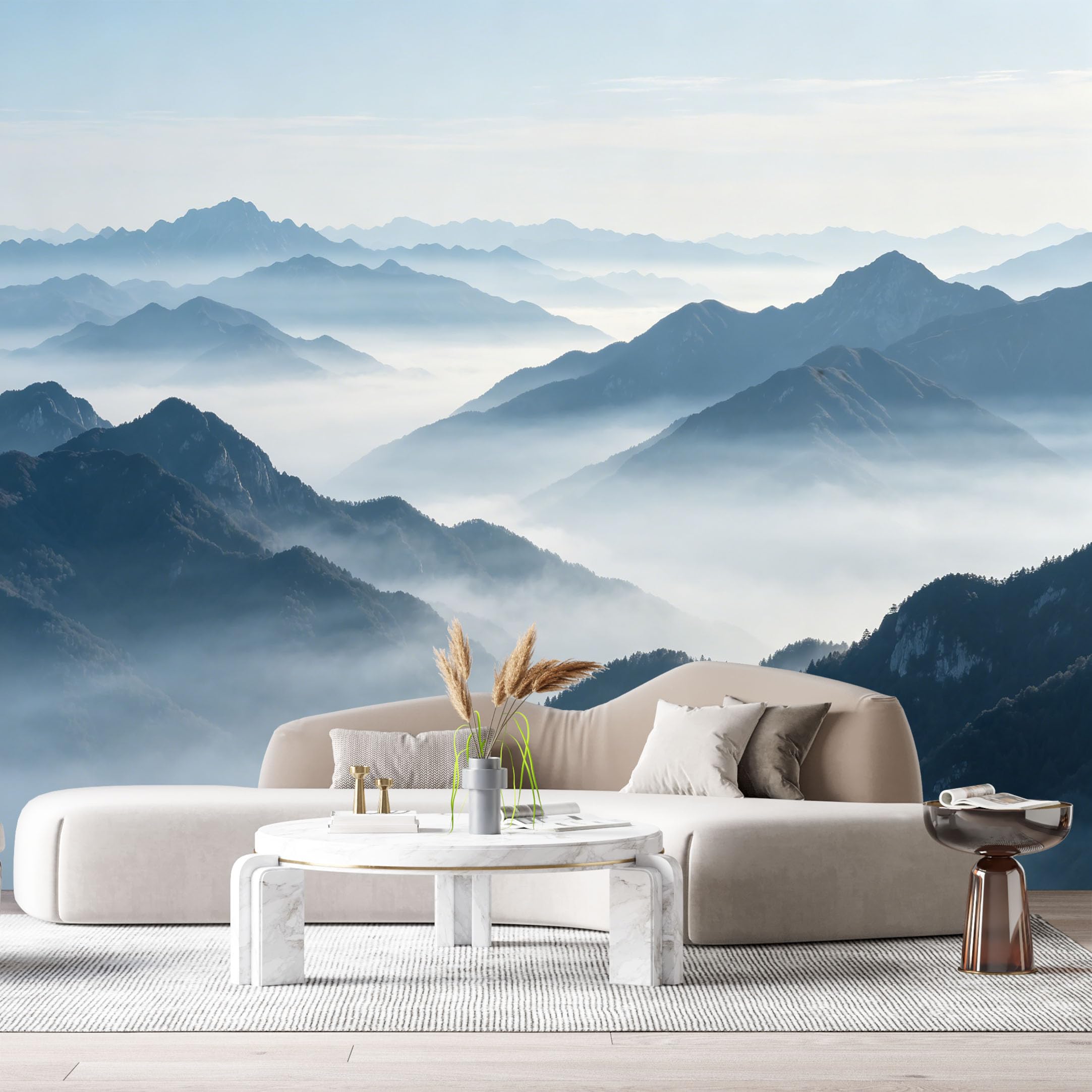 Custom Size Wall Murals Misty Mountains Landscape Fog Valleys Morning Blue Peaks SelfAdhesive Wall Fabric Removable Large Wallpaper for Photo Living Room