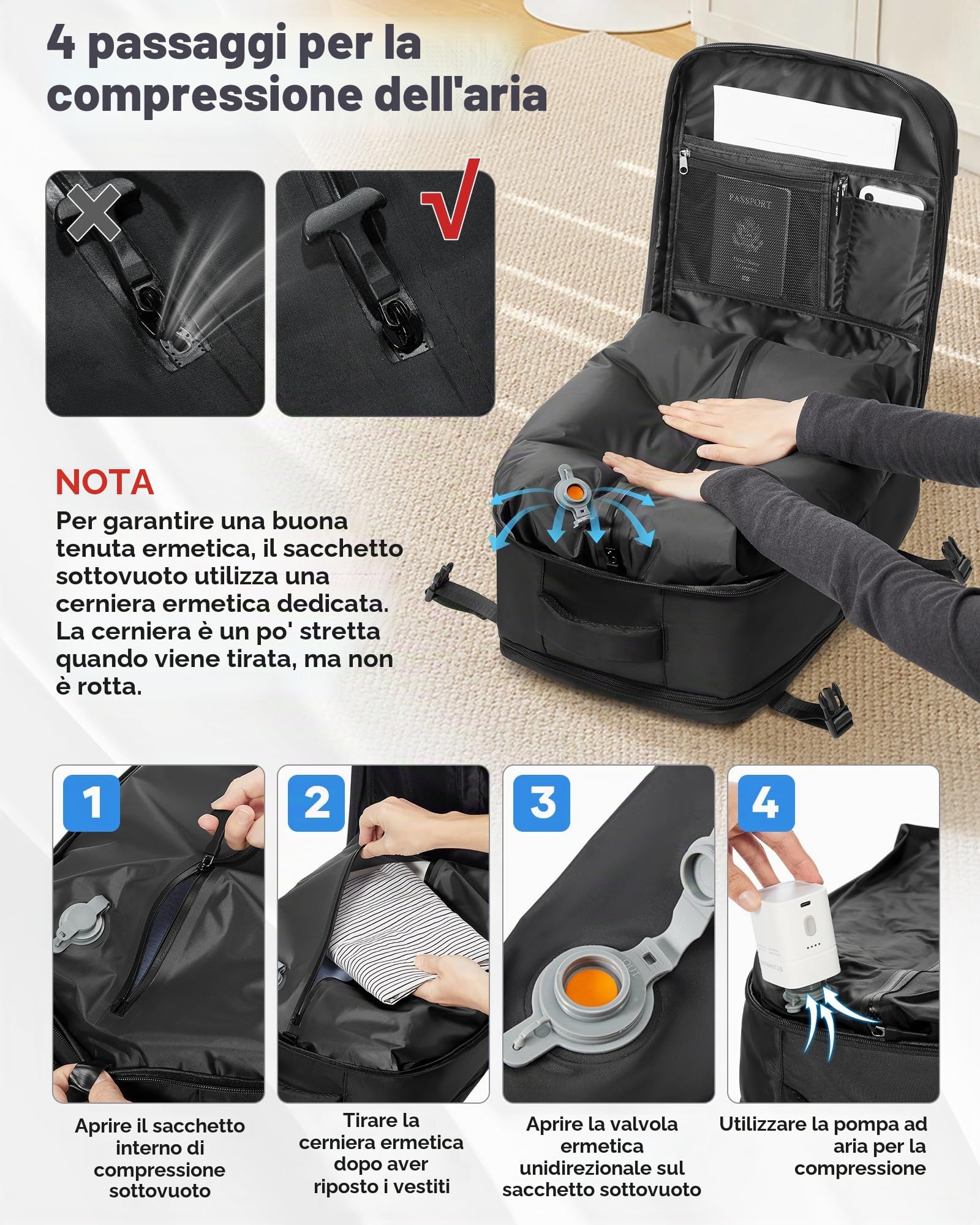 HPLQQ Zaino 40x30x20 per Ryanair Zaino Sottovuoto da Viaggio con Pompa | Aereo Bagaglio a Mano Easyjet Borsa da Cabina per Uomo e Donna Lavoro e Scuola Casual Daypack,T Nero