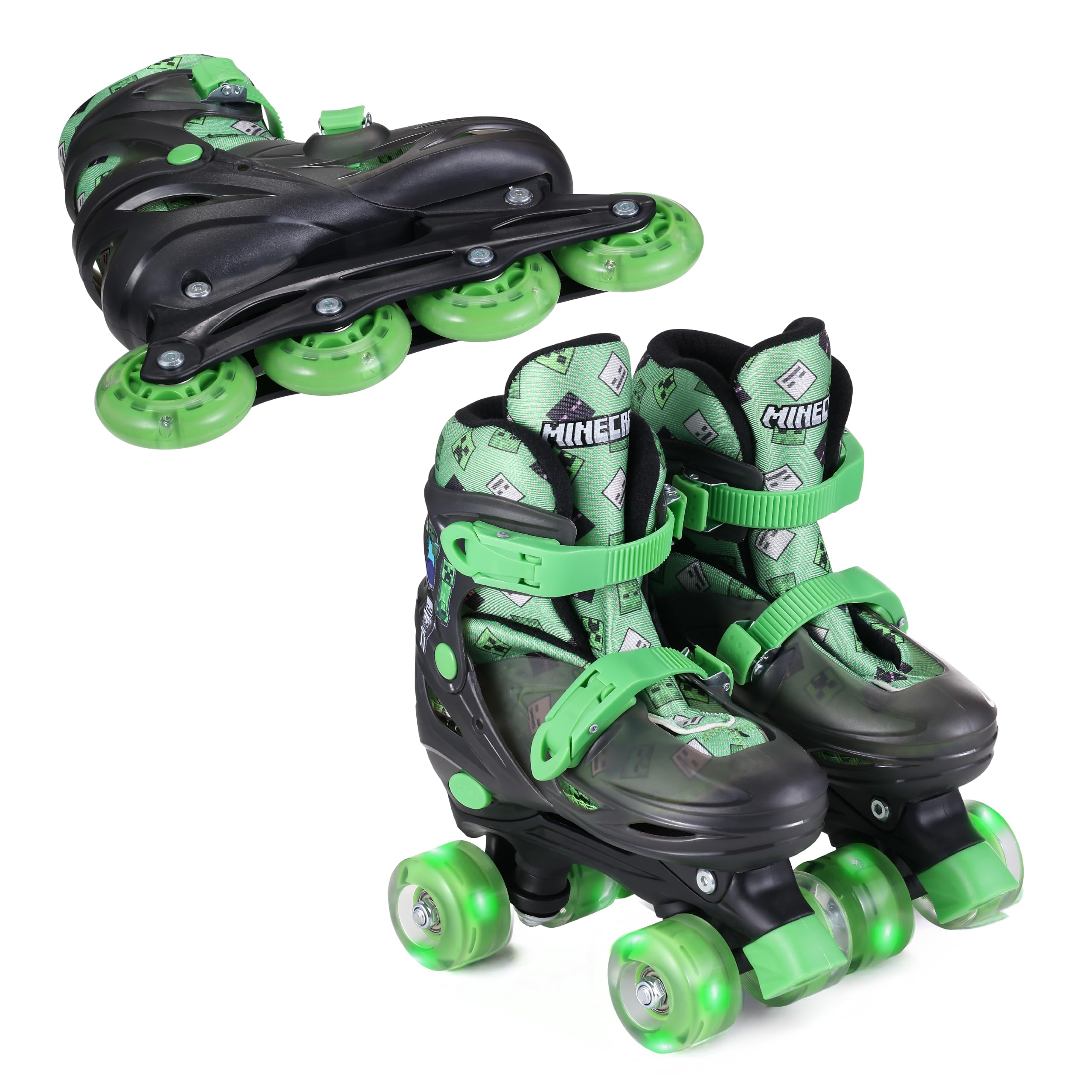 Minecraft Roller Skates for Kids, Light-Up Quad Skates with ABEC-7 Bearings for Smooth Ride, Adjustable Roller Skates for Boys and Girls, Size 12-2