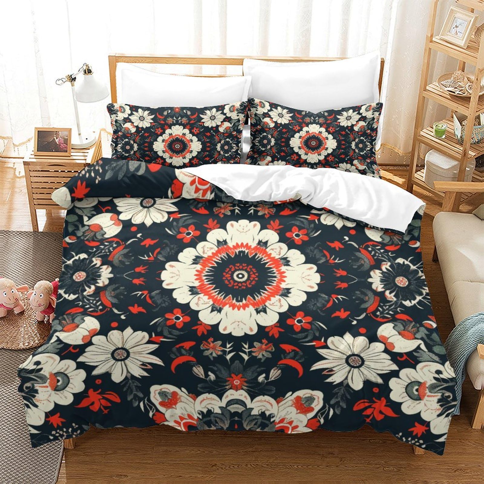 Housse de couette fleurs 220x240 parure de lit king imprimé 3D microfibre pour fille et garçon