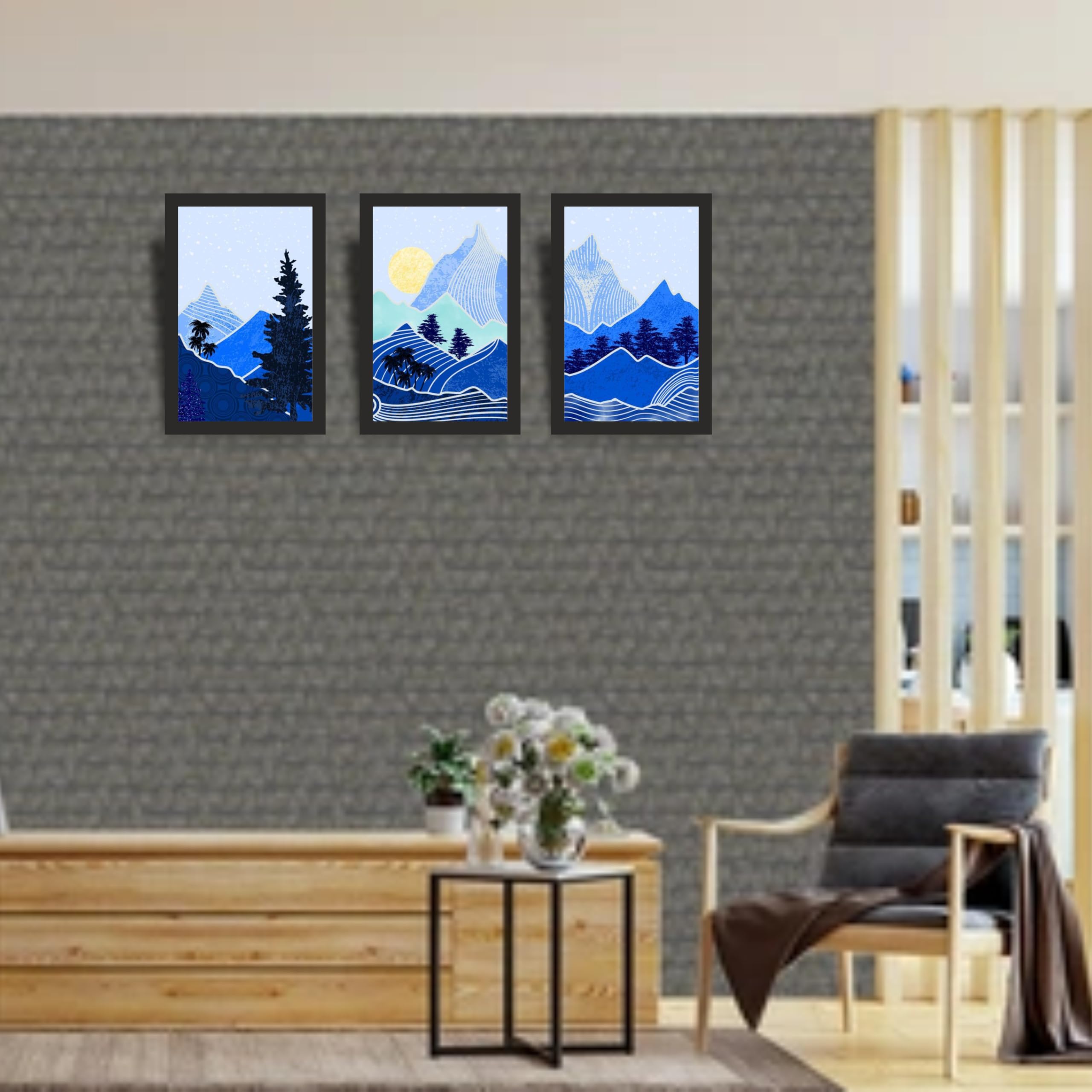 Blue Mountain Landscape Wall Art Set of 3 Frames