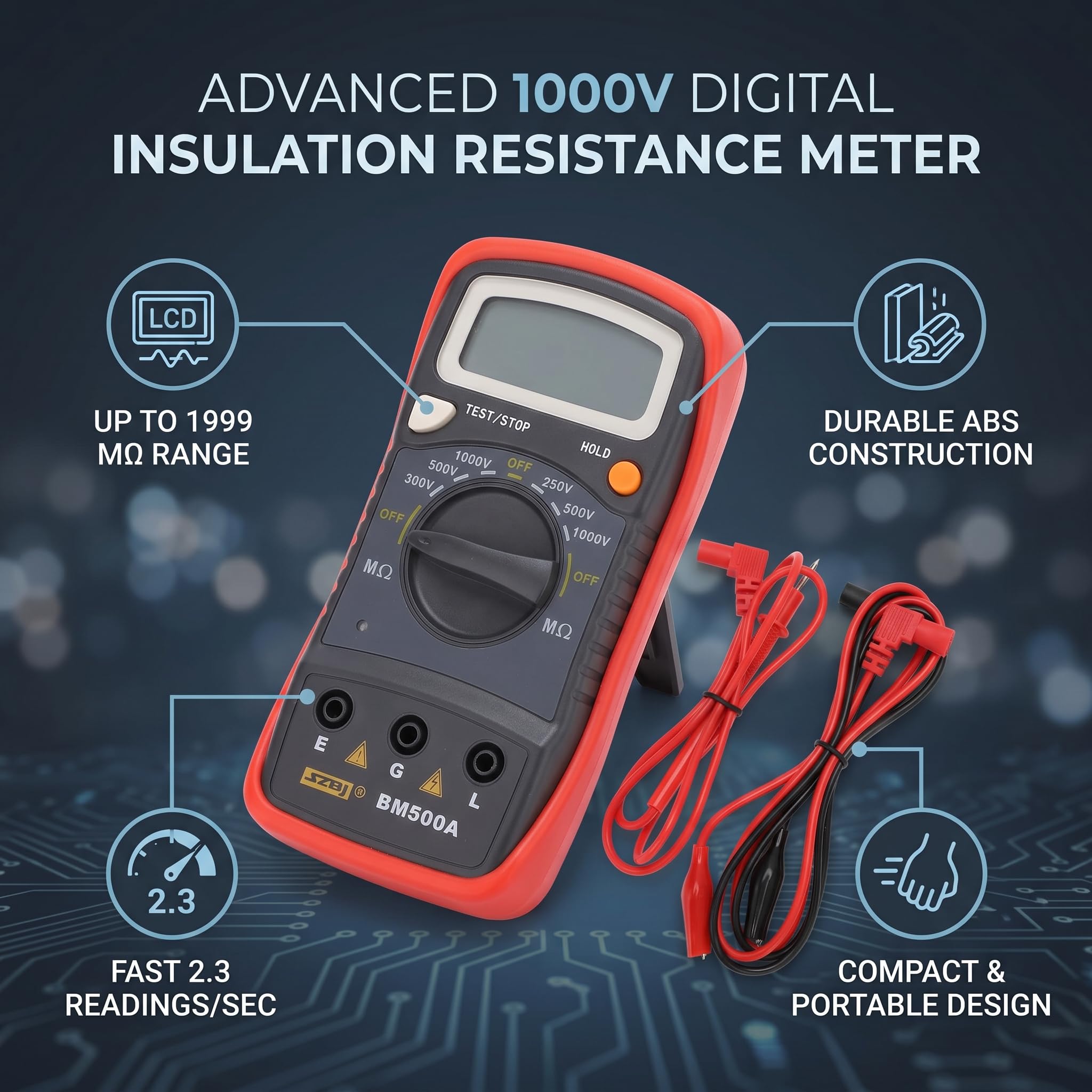 BM500A 1000 V Digitaler Isolationswiderstandstester, LCD-Megohm-Messgerät, 1999 MΩ, Abtastrate 2,3 Mal/Sek., Kondensatortester, Geeignet für Verschiedene Elektrische Geräte