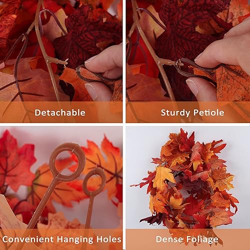 Miniatura 3 de RECUTMS Paquete de 2 guirnaldas de hojas artificiales colgantes de hojas de arce, hojas de otoño falsas para interiores, hogar, Halloween, Navidad,
