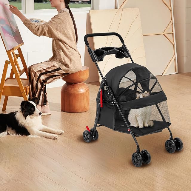 Foto 8 de 8 de Carrito para mascotas con 4 ruedas, carrito plegable para perros y gatos, capacidad de carga de 40 libras