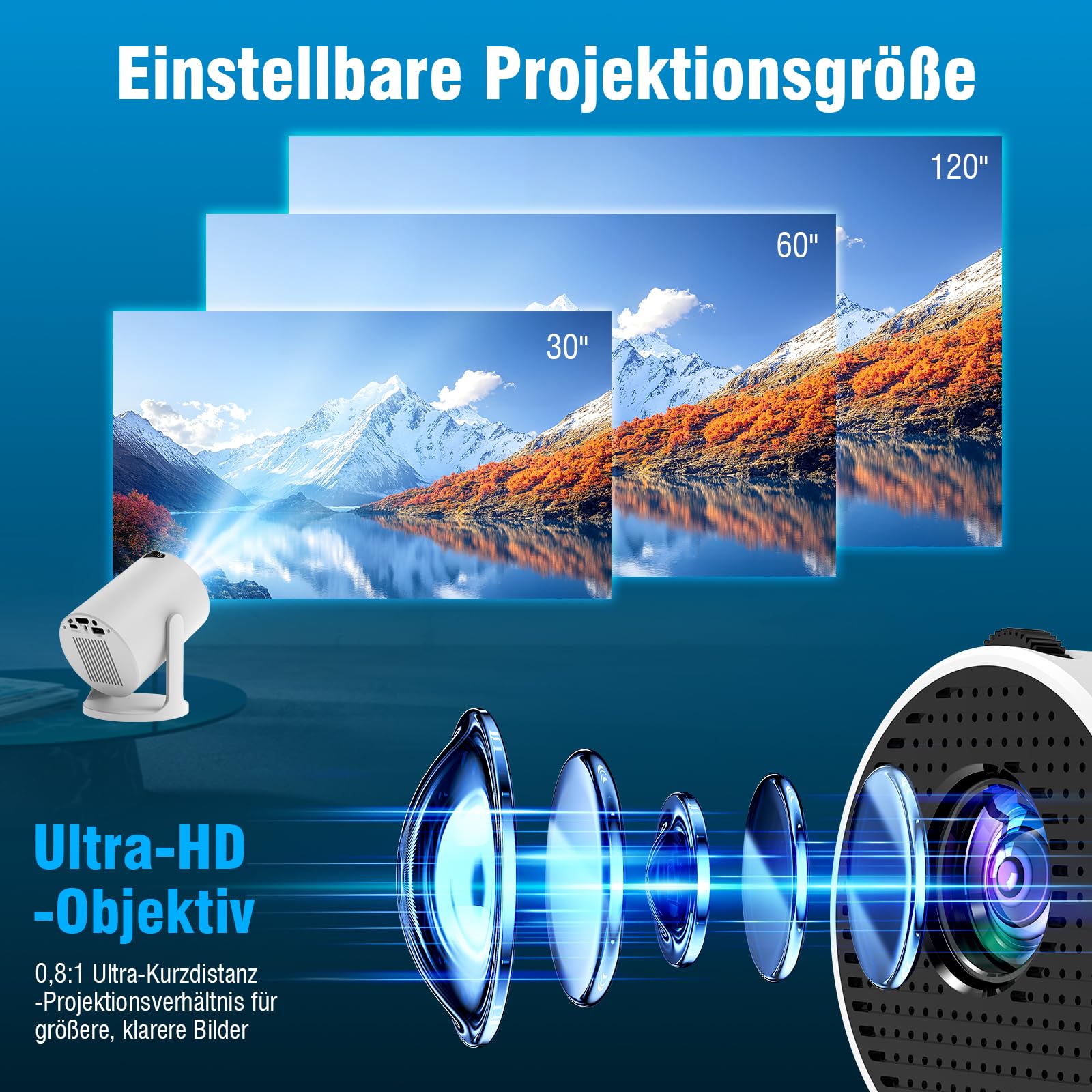 Tragbarer Mini Beamer 4K mit WiFi 6 und Bluetooth, Kleiner Projektor für unterwegs, 360° drehbarer Fuß, Powerbank-Anschluss und Handy-Kopplung, ideal für Heimkino und Portable Projector 4K Erlebnisse