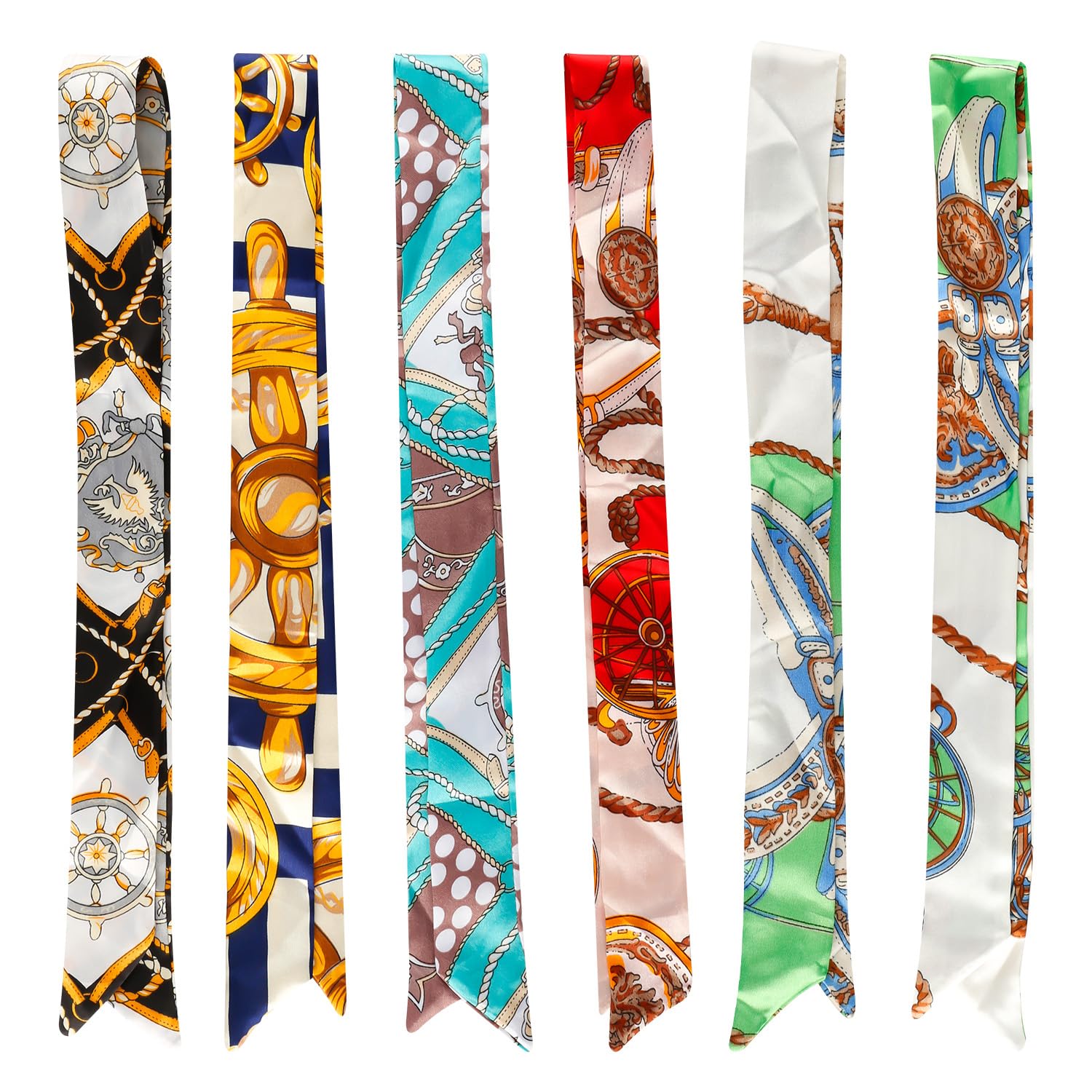 Hopzab Unisex 6Pcs 6 Pcs Satin Silk Neckerchief Scarf Set, Fashionable Handbag Handle Wrap Ribbon, Decorative Narrow Scarves For Women, Multicolor Design For Bag Strap, And Gift Wrapping