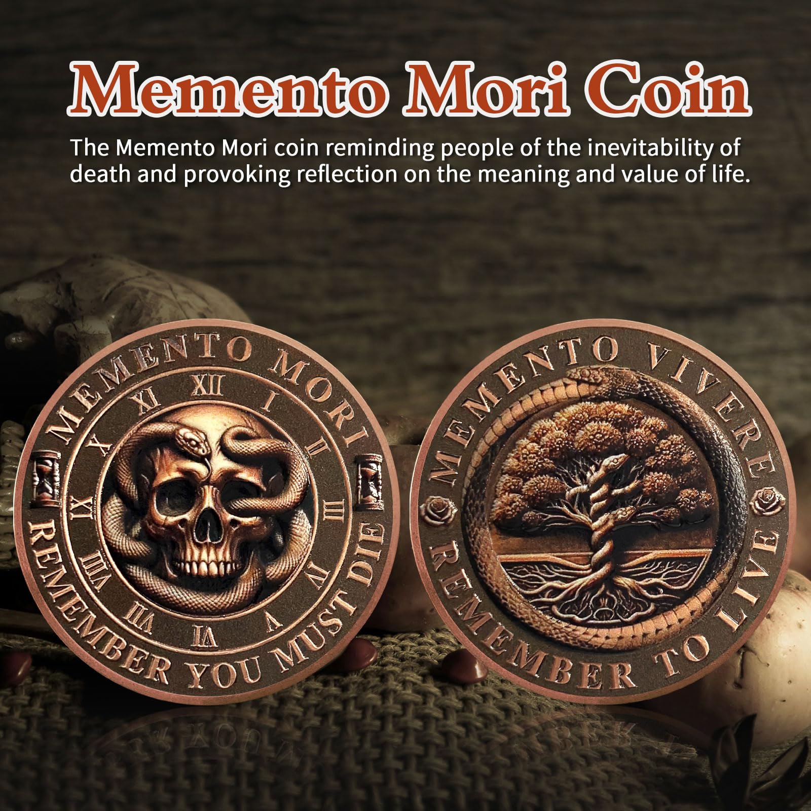 AtSKnSK Memento Mori Moneda Memento Vivere Monedas Árbol de la Vida Moneda Calavera Desafío Moneda Medallón Chip Regalo Estoico Memento Moneda Memento Vivera Moneda Moneda Moneda Calavera