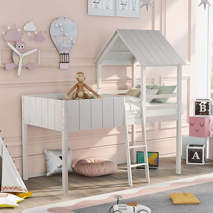 Buy Solid Wood Low Loft Bed with Roof, Kids House Bed Twin Size with
