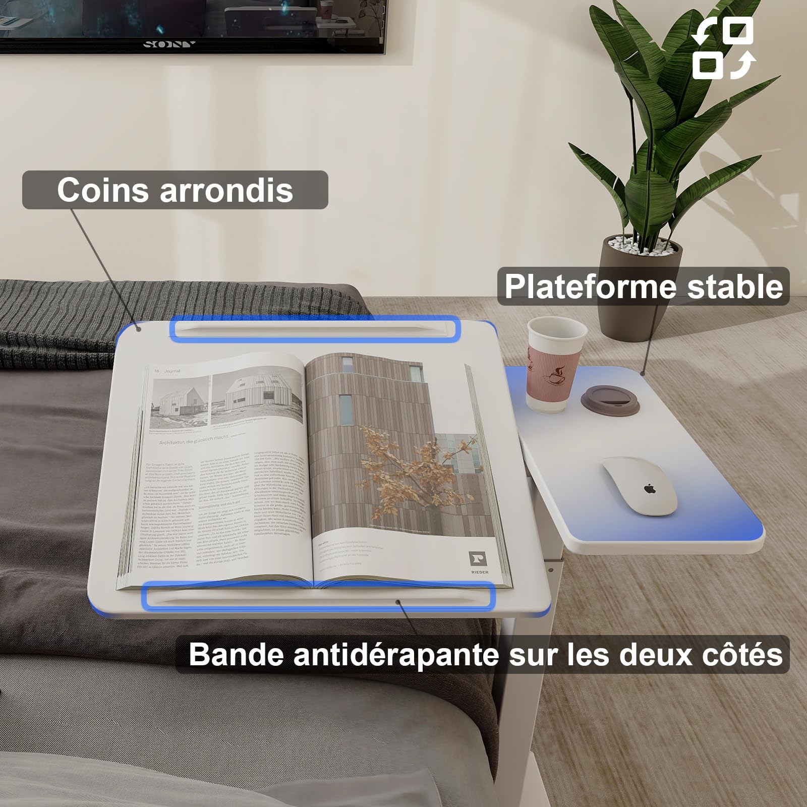 PUNCIA Table de Lit avec 4 Roues Cachées 68x40CM Bureau Debout (Blanc) | Mobile Médical Table d'Appoint Hopital Réglable en Hauteur 70-102cm pour Ordinateur Portable pour Chambre Salon Canapé