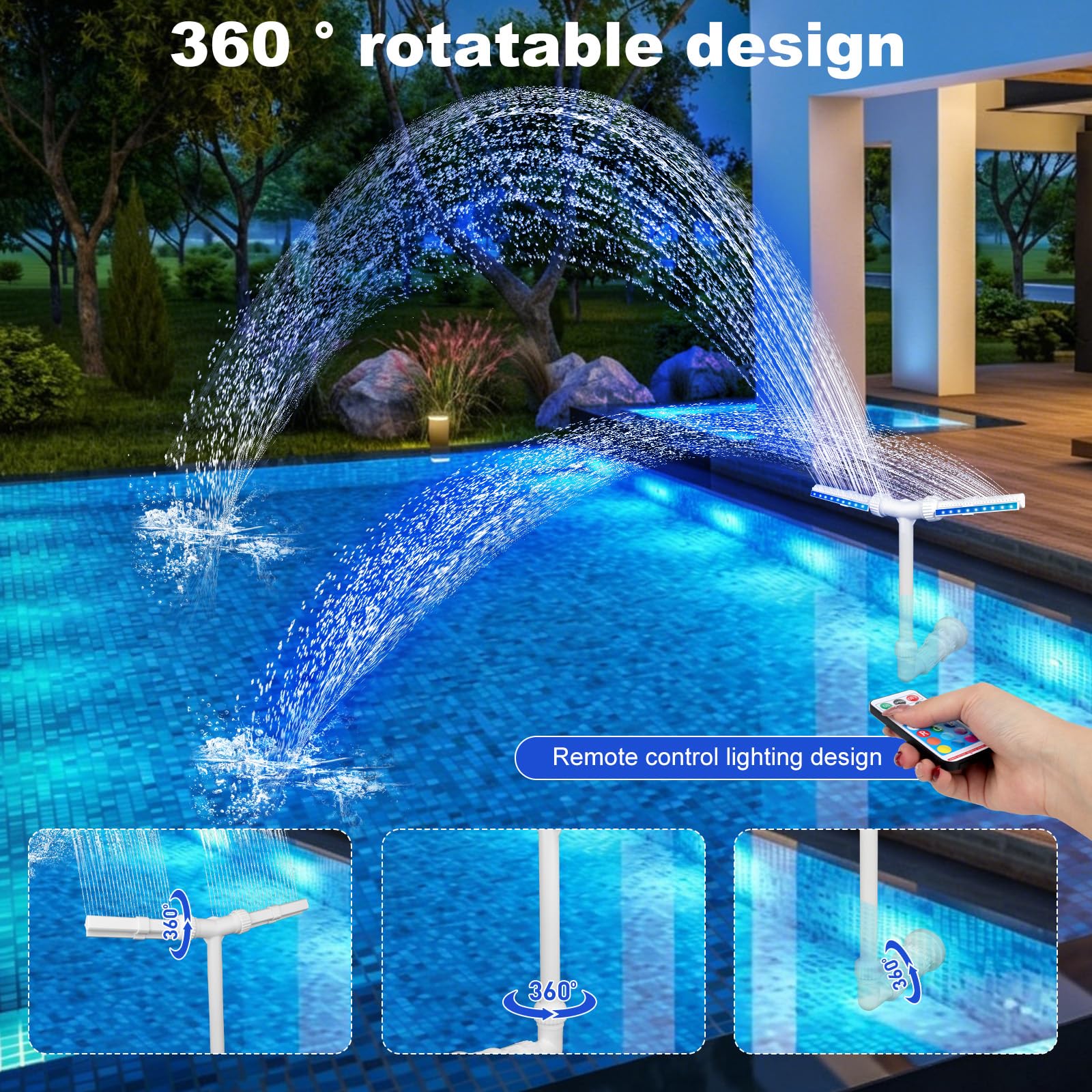 Fontana D'acqua a Doppio Spray Regolabile, Fontana d'Acqua a Doppio Spruzzo, Fontana per Piscina Fuori Terra Regolabile a 360° con luci LED a 9 Colori Ideale Per Rinfrescarsi E Rilassarsi