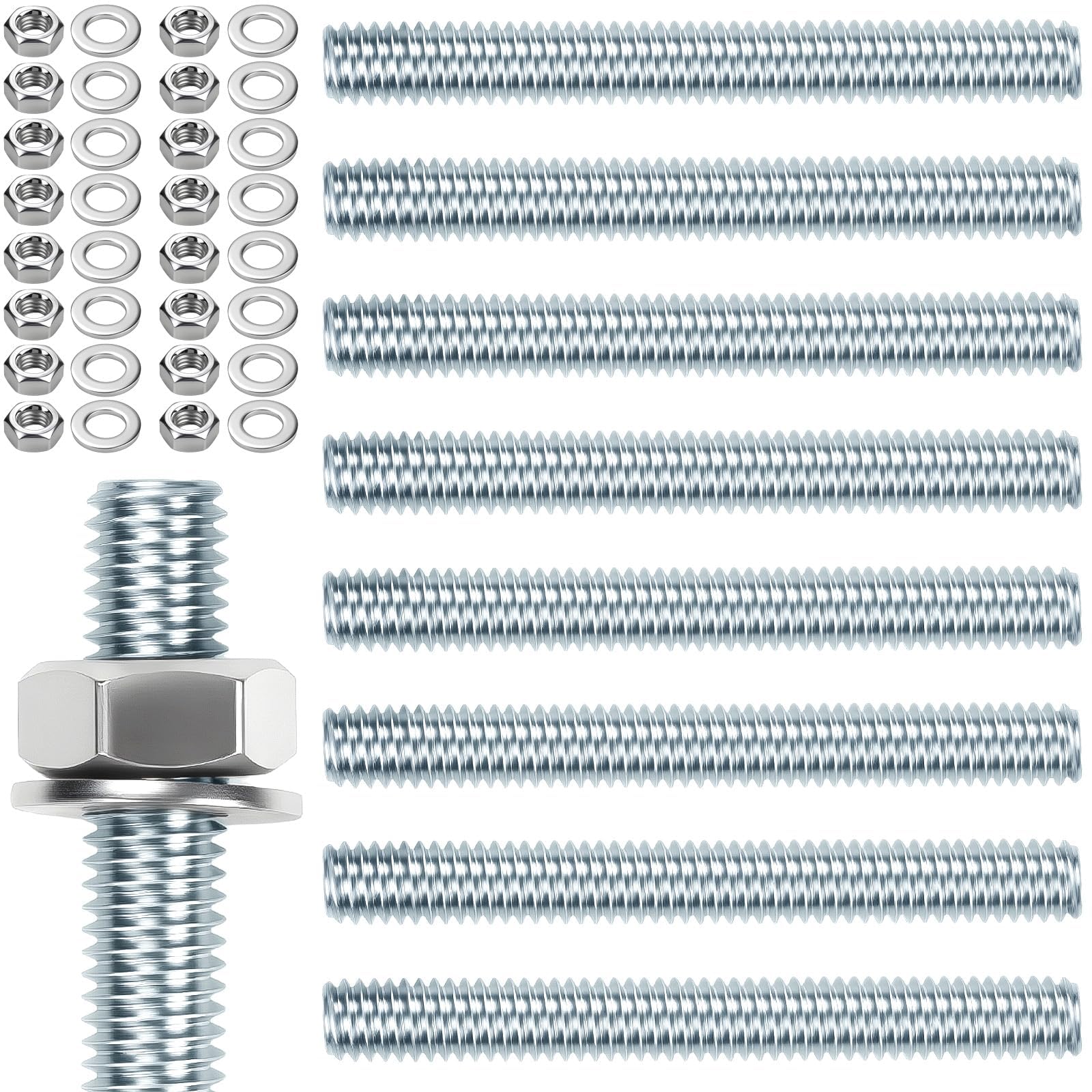 sturiz 8pcs Threaded Rod M10 x 100mm Bolts and Nuts Threaded Bar Galvanised Steel Threaded Pins for Anchor Bolts Screws with Nuts and Washers