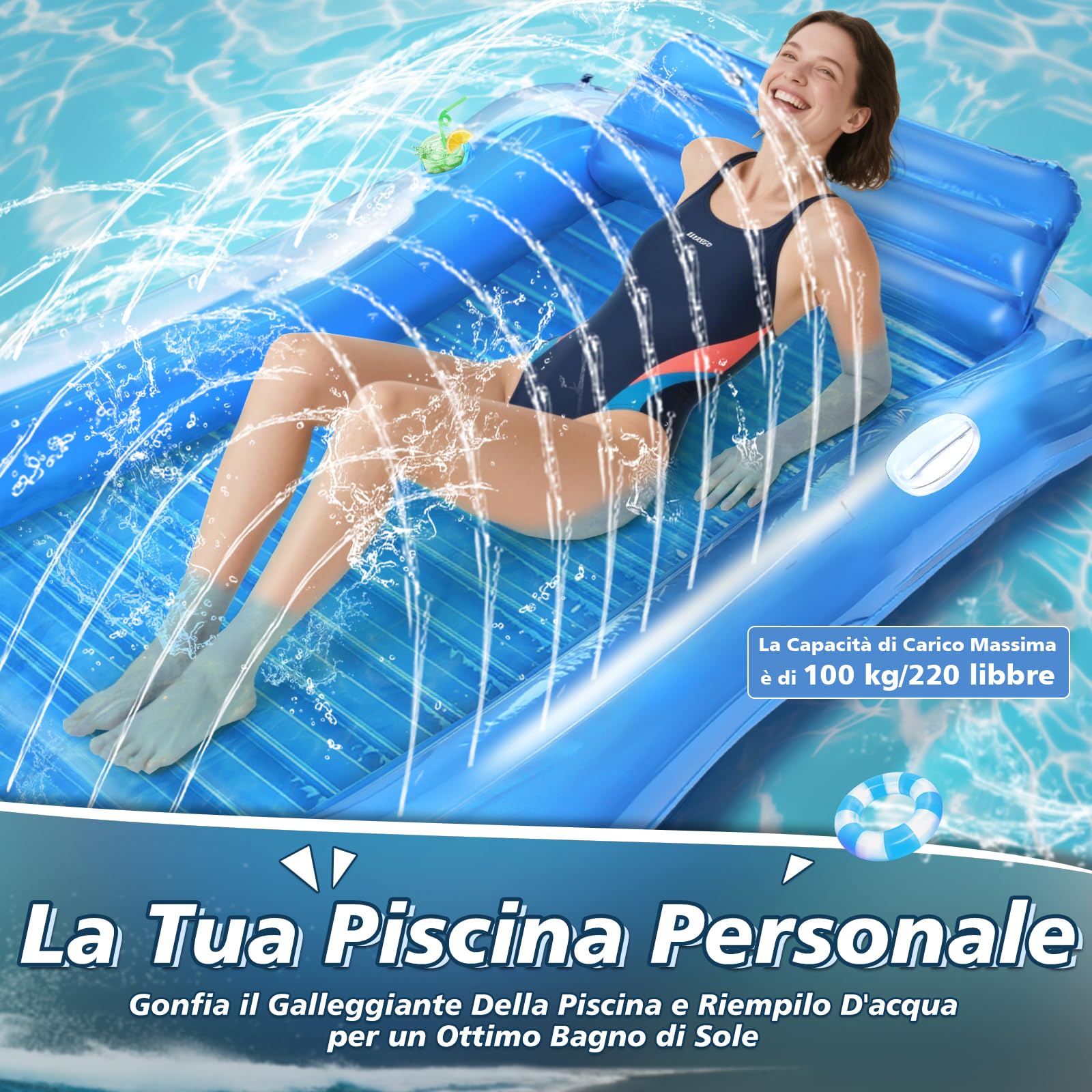 JONRRYIN Materassino Gonfiabile Mare Adulti, Amaca Galleggiante Relax, Tanning Pool Sdraio con Poggiatesta Integrato, Letto Acqua Comfort 200 × 124 cm per Spiaggia Lago Feste Estive Vacanze