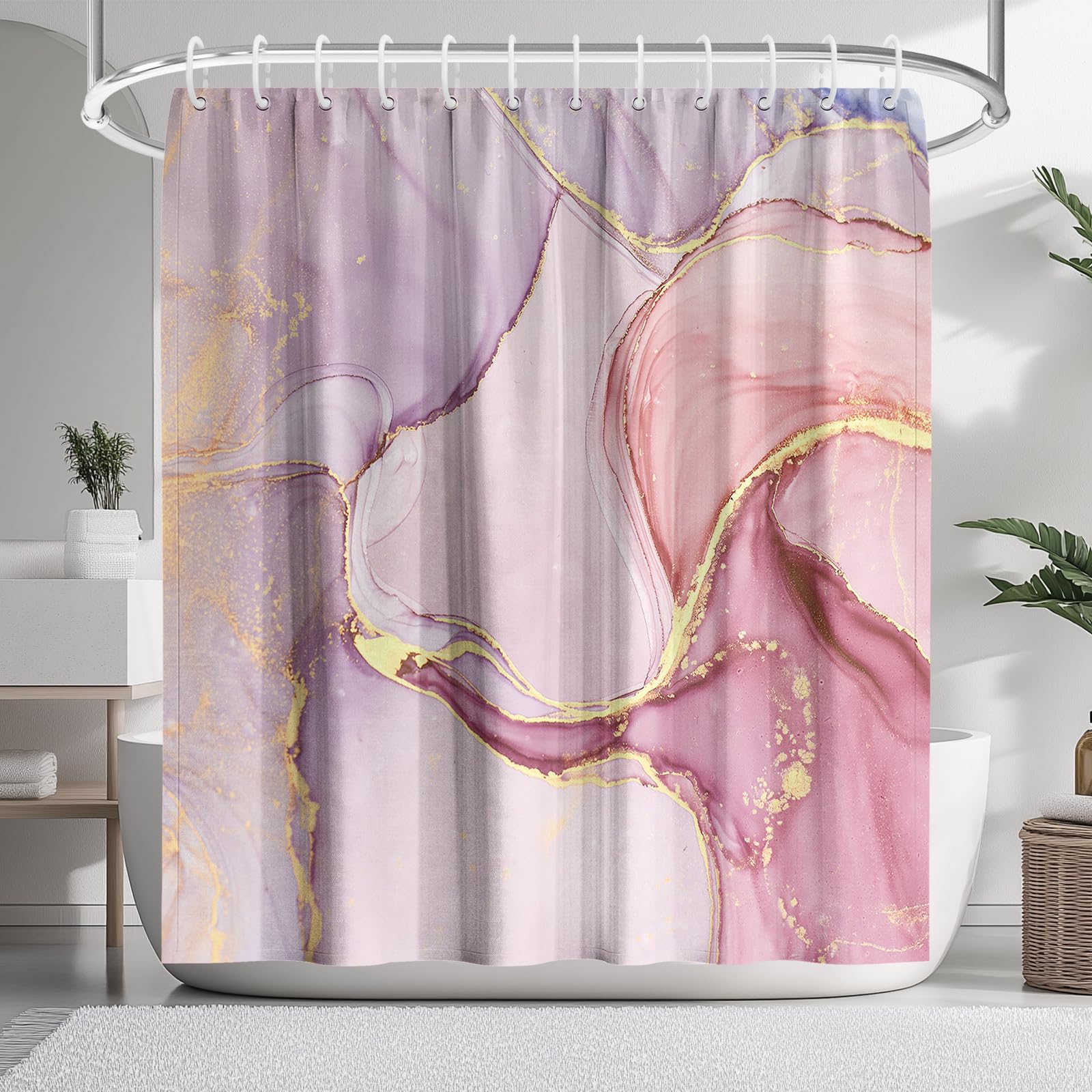 KAIRA Elegante cortina de ducha con diseño de mármol rosa con ganchos, 72 pulgadas de ancho x 72 pulgadas de largo, tela de poliéster impermeable y duradera, fácil de limpiar, decoración de baño de