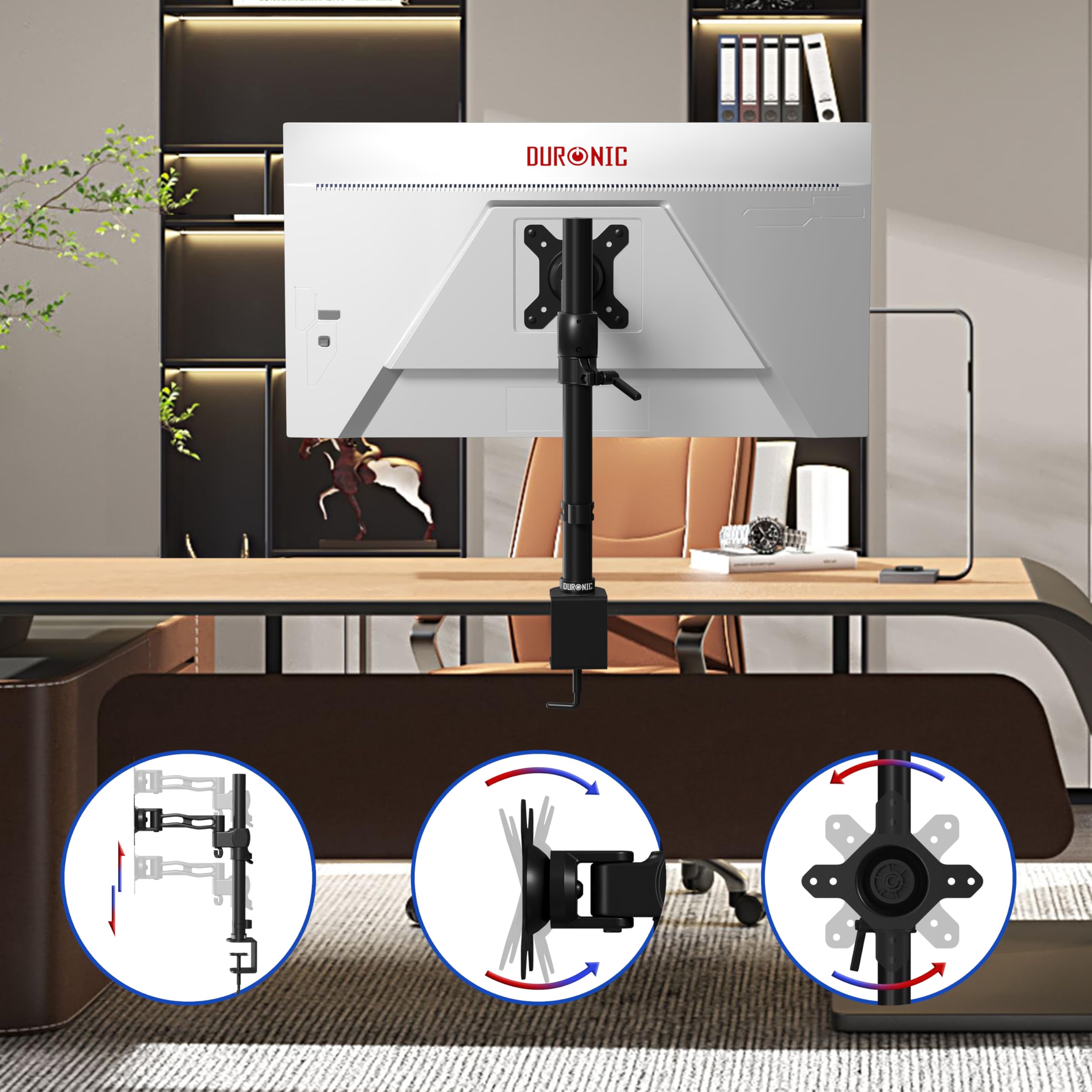 Duronic DM351X2 Support d’écran de PC avec Pince pour Bureau Hauteur Ajustable Rotatif Inclinable Pivotable Compatibilité avec moniteurs VESA 75 100 Passes câbles Inclus 1 Extension
