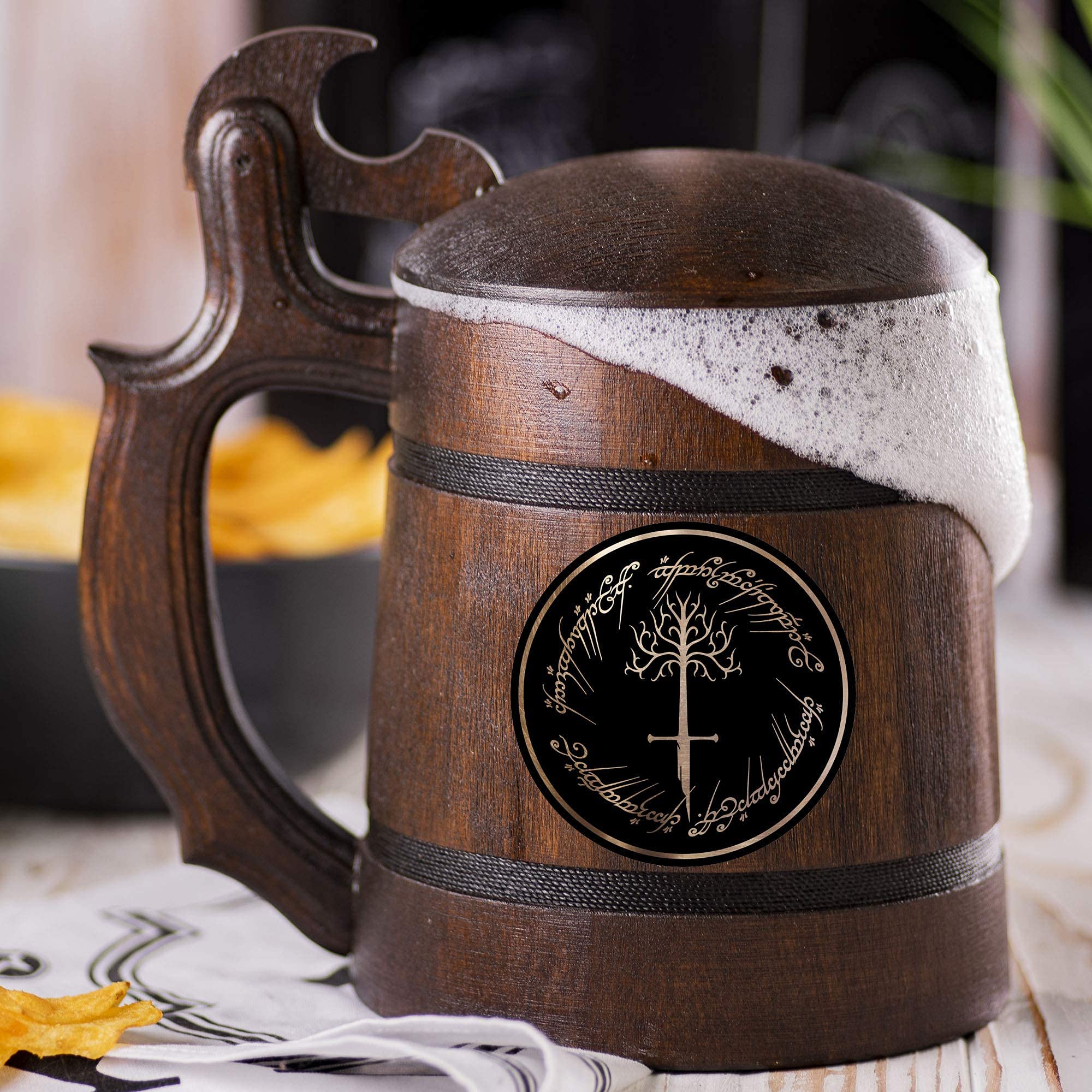 One Ring with Tree of Gondor and Narsil Sword Wooden Beer Mug, Beer Stein, Game Gift, Beer Tankard
