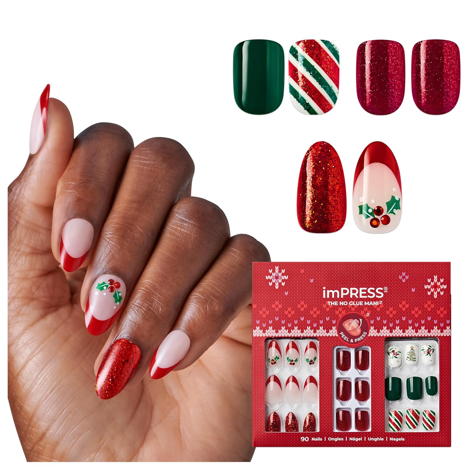 KISS imPRESS Press On Nails Limited Edition Holiday Gift Set #11, 3-Pack, Improved Super Hold Adhesive, 90 Fake Nails, 3 Prep Pads, 3 Mini Nail Files, & 3 Manicure Sticks