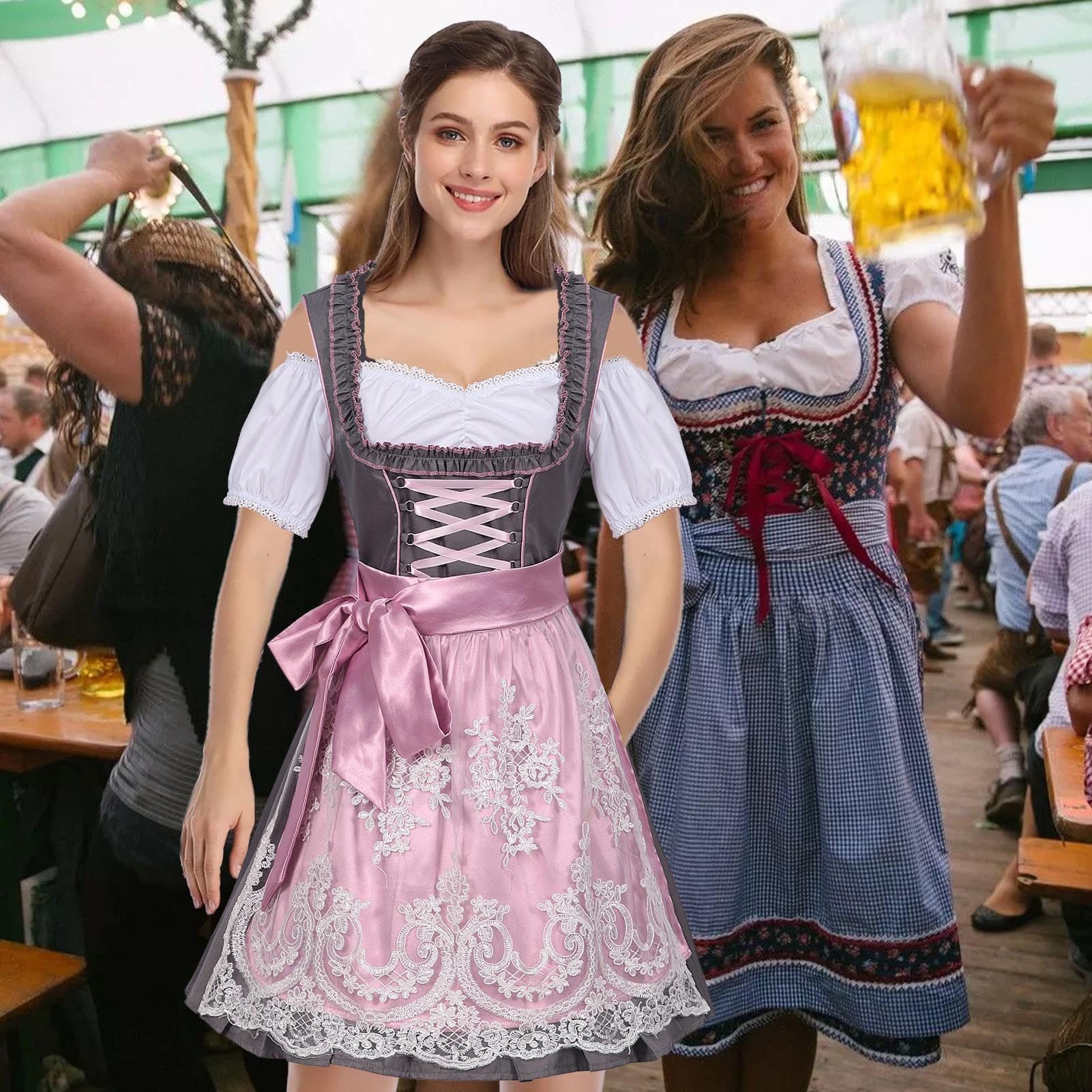 Women Dirndl Dress,Women's German Dirndl Dress Stroje na Oktoberfest | Różowa fartuchowa niemiecka sukienka bawarska na Halloween karnawałowy festiwal piwa impreza