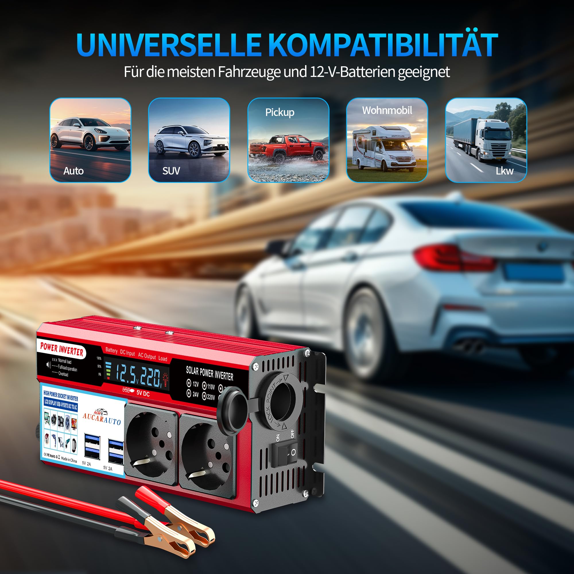 Transformador de tensión de 500 W con pantalla digital LED, inversor de 12 V a 230 V, con 4 puertos USB-A y 2 enchufes para coche, carga tu ordenador portátil, iPad, iPhone, tablet y más