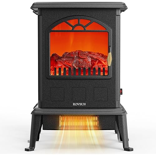 ROVSUN 22.4”H Electric Fireplace Stove w/Realistic Flame Effect, Infrared Quartz Freestanding Heater for Indoor, w/Overheat & Tip-Over Protection, 2 Heat Settings 1000W/1500W, ETL Certified, Black