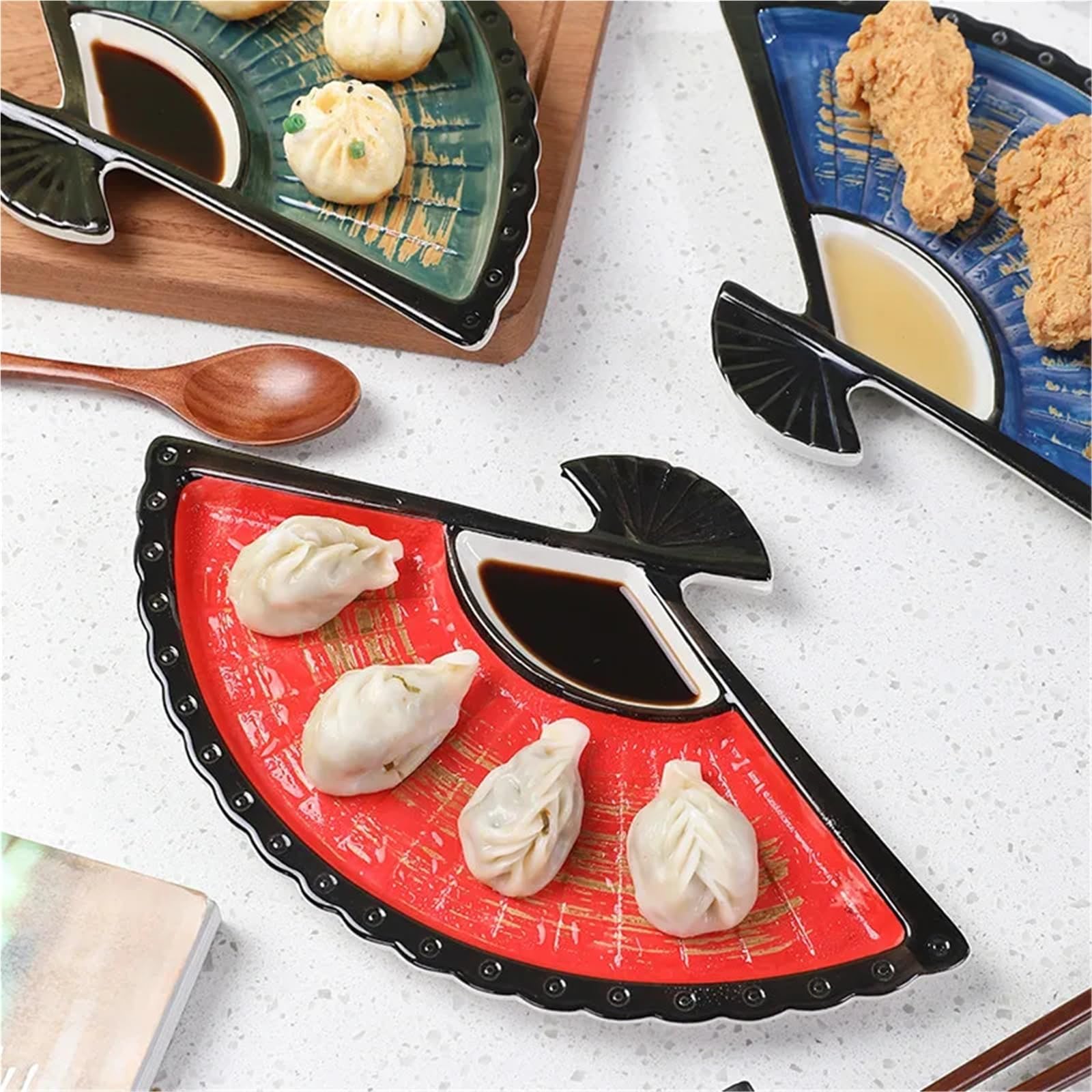 Fächerförmiges Keramik-Sushi-Tablett mit Essigschale und Trennwänden