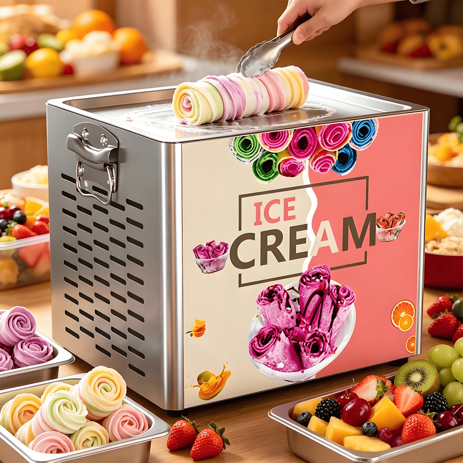 HuanSebesity Countertop Fried Ice Cream Maker,330w Rapid Cooling Rolled Ice Cream Machine,Steel Stir Fried Yogurt Machine with Dual Scrapers for Home & Commercial Dessert Making