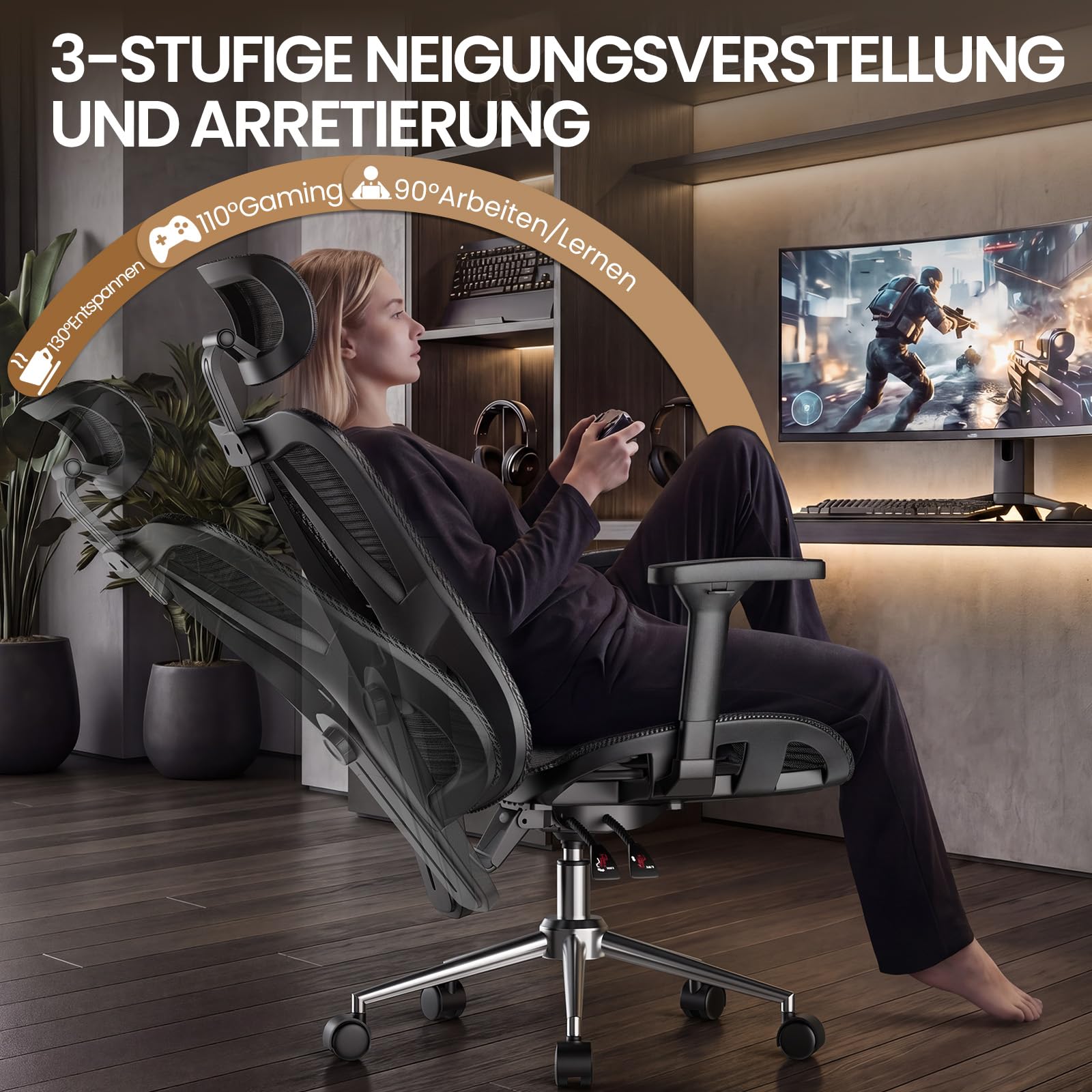 naspaluro Ergonomischer Bürostuhl, Schreibtischsessel mit Kopfstütze, 3-stufig Verstellbarer Rückenlehne, Stabiler Drehstuhl bis 150kg belastbar, Computerstuhl für Büro und Homeoffice, Schwarz