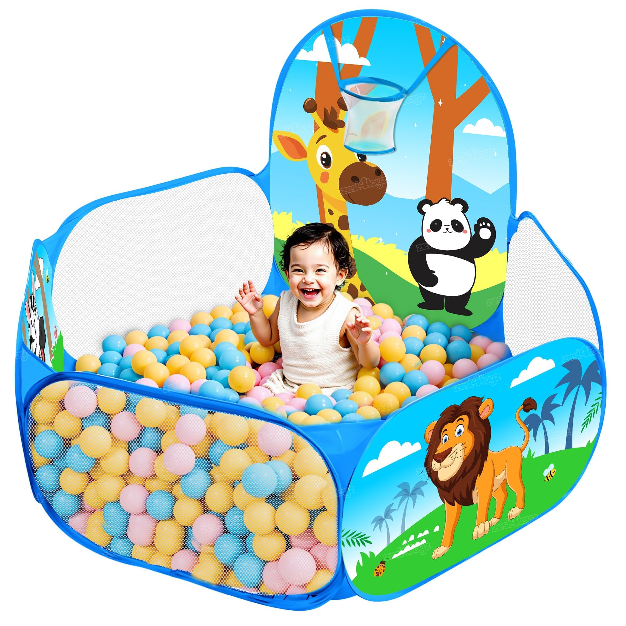 Zest 4 Toyz Ball Pool for Kids Ball Pit with Animal Design Indoor and Outdoor Playpen with Basketball Hoop Foldable Play Pool for Boys and Girls (Balls Not Included) Jungle Themed-image-25