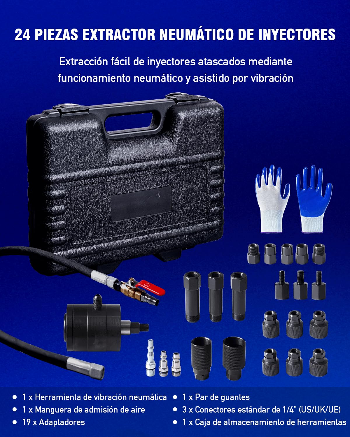 24 PCS Extractor de Inyectores Diesel Neumático con 19 Adaptadores M12–M27 | Extractor Neumático Inyectores con 3 Conectores 1/4" (US/UK/EU), Construcción en Acero Reforzado, 5–8 bar