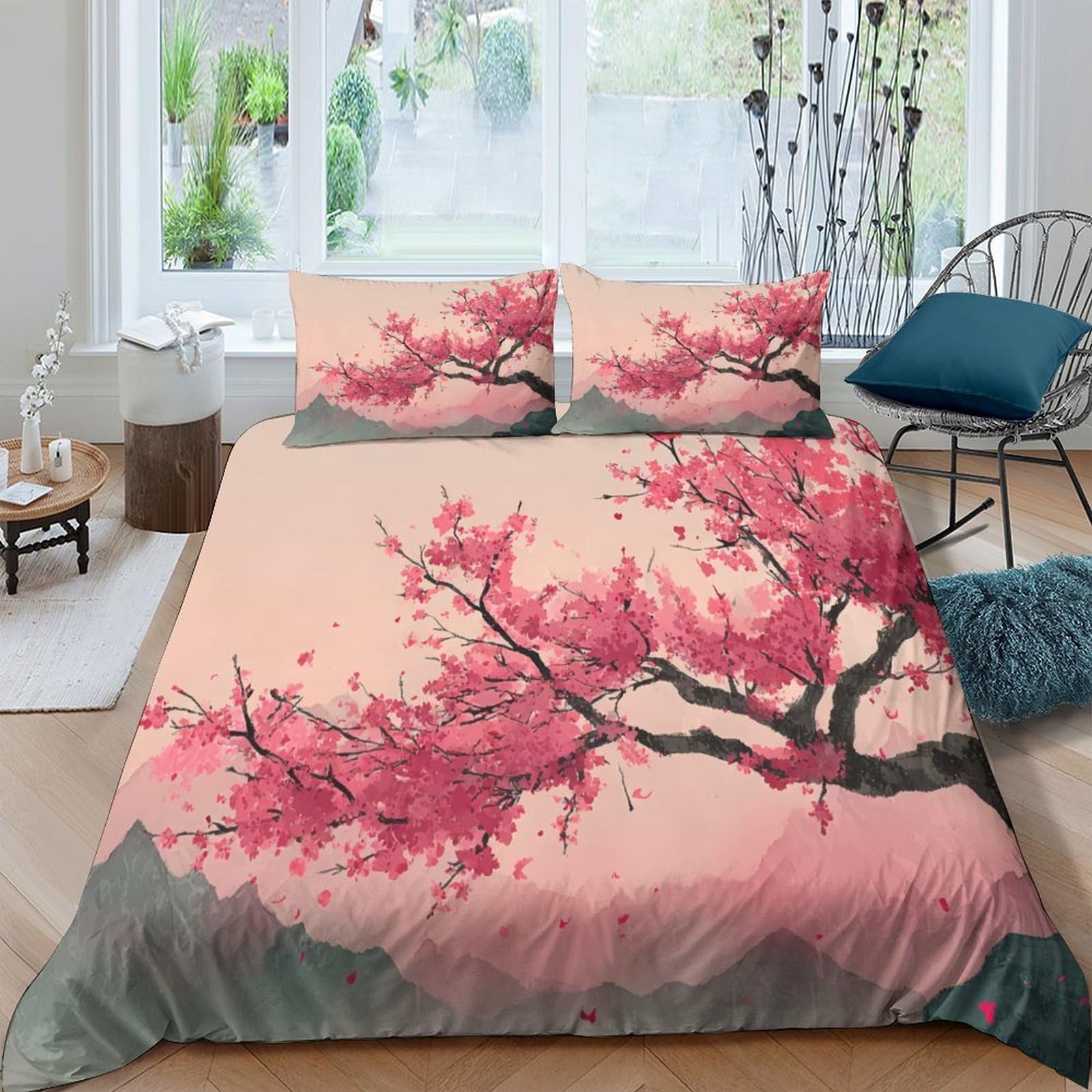 Ctjqhvkz Style-1 3D Printed Cherry Blossom Fitted Sheet Microfiber Soft Breathable Japanese Ink Bed Cover For Bedroom Guest Room Decor Single（135X200cm）