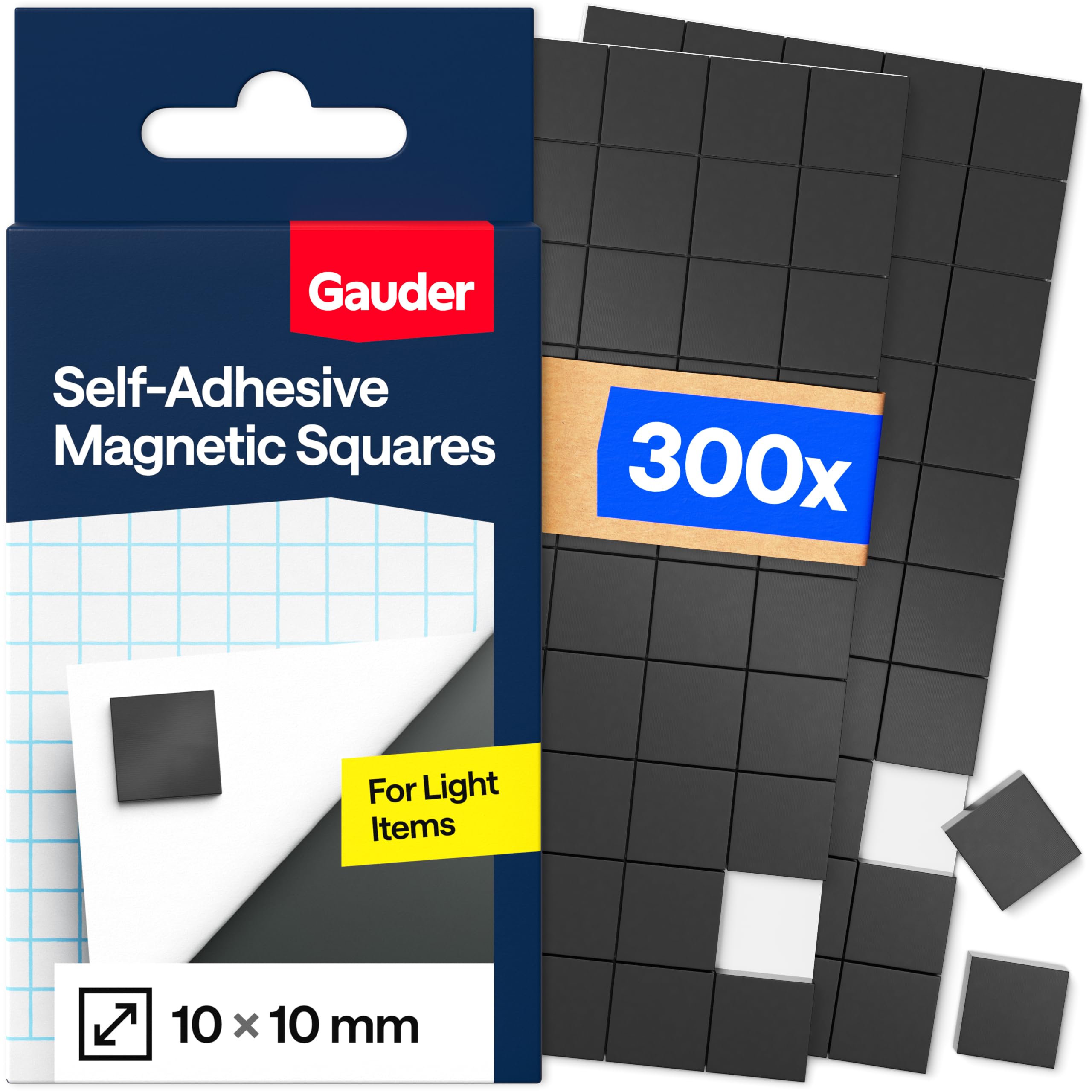 GAUDER Adhesive Magnets - Small Square Magnets for Notes, Photos and Crafts - Self-Adhesive Magnetic Plates for Lightweight Objects (300 PCS - 10 x 10 x 2 mm)