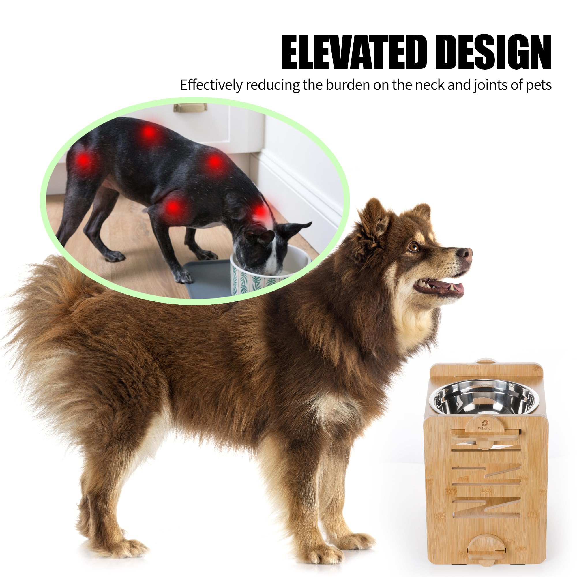 Erhöhte Hundenapf, 9 Höhen Einstellbar Futternapf Hund 12-30 cm, Bambus Holz Futterstation mit 1.5L Edelstahlnapf, Einzeln Erhöhte Hundebar für mittelgroße & Grosse Hunde, 2 Pack