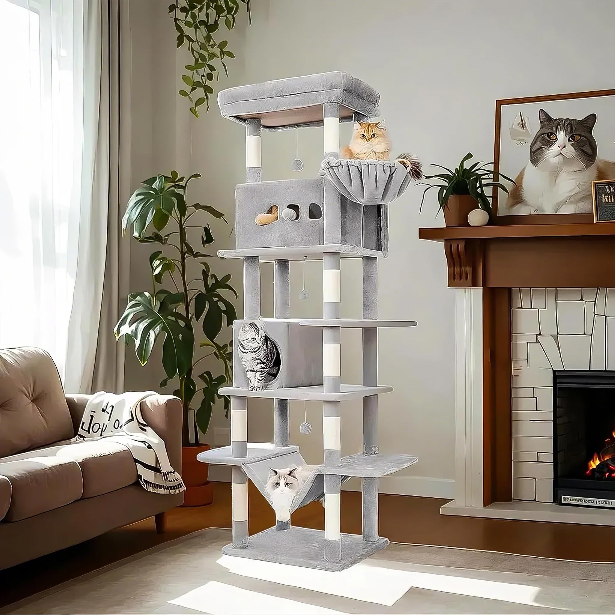 Tiragraffi extra alto, 210 cm, per gatti domestici, torre per gatti a più piani con spaziosa casa per gatti, 8 tiragraffi in sisal