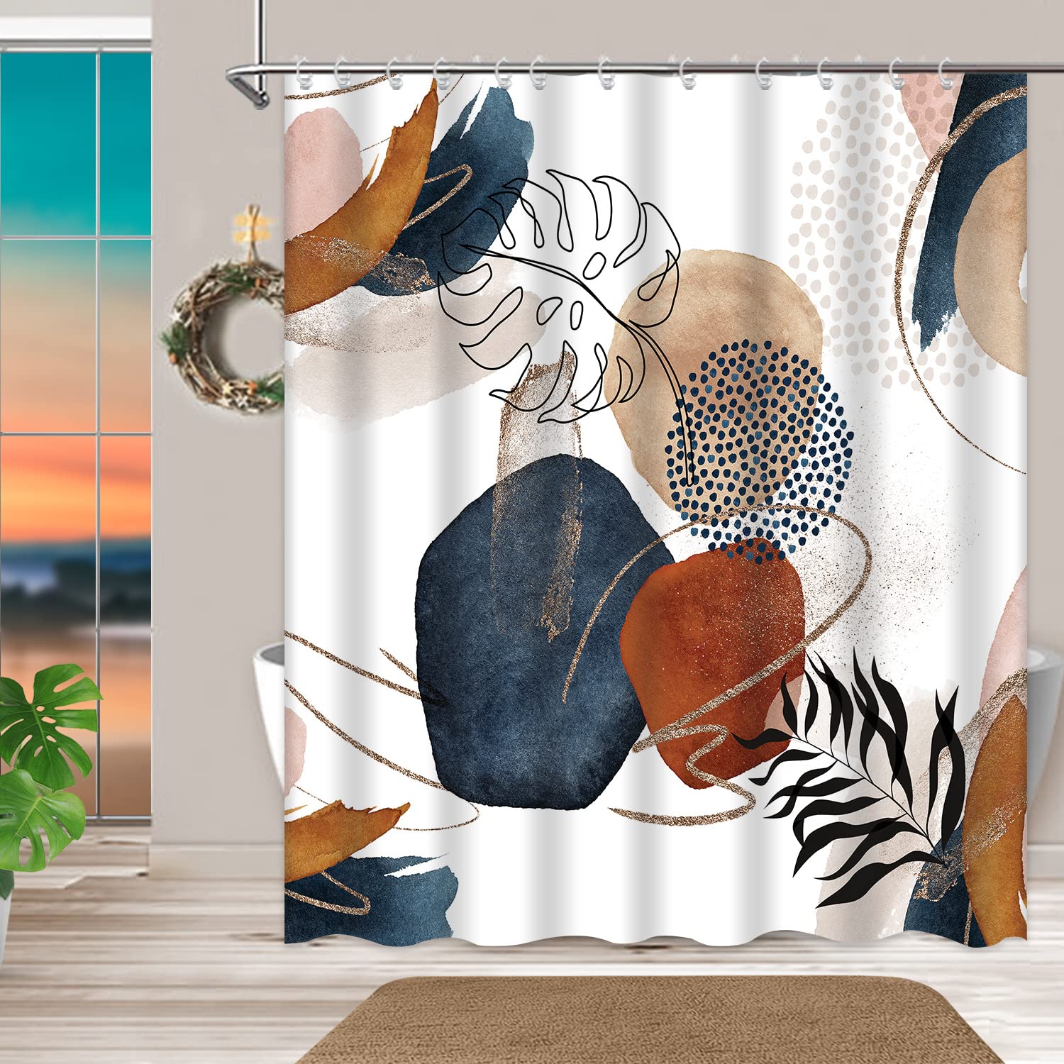 loyapobo Boho Shower Curtains for Bathroom Mid Century Navy Blue Gold Colorful Modern Geometric Leaves Plant Neutral Minimalist Bathroom Curtain Decor Fabric Waterproof, 72 x 78 inches