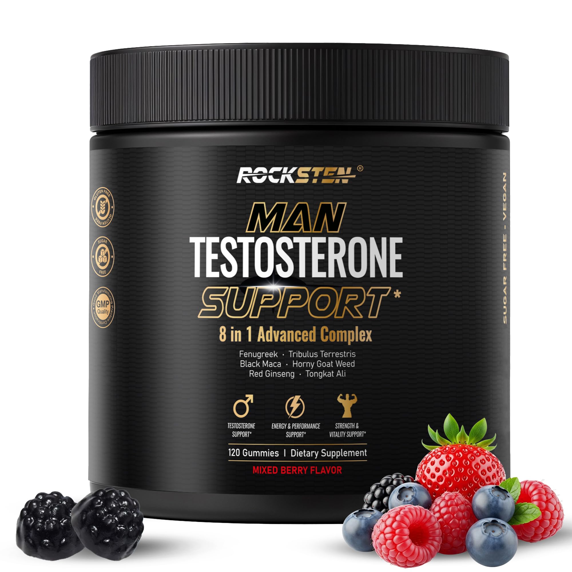 RockSten Suplemento para homens em gomas com feno-grego, tribulus terrestris, maca-preta, erva-de-bode, ginseng-vermelho, tongkat ali, zinco e vitamina D3 — 120 gomas