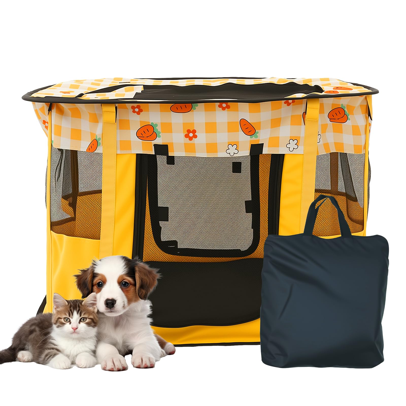 Foldable Pet Playpen,82.5x61.5x59.5cm Portable Cat Dog Playpen Tear Resistant Breathable Dog Cat Crate Tent with Storage Bag for Puppies Kittens Indoor Outdoor Camping Travel (Yellow)