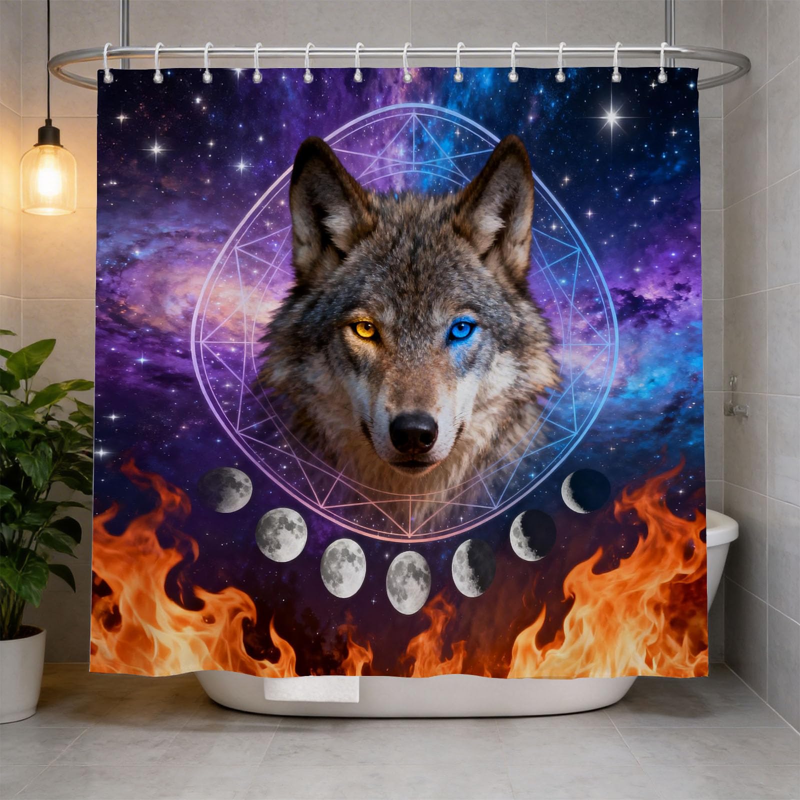 Hongduo 3D Wolf Shower Curtain for Stalls Bathtubs Flame Bathroom Decor Shower Curtain Set Polyester Fabric Waterproof 120x180cm/48X71 Inch with Hooks
