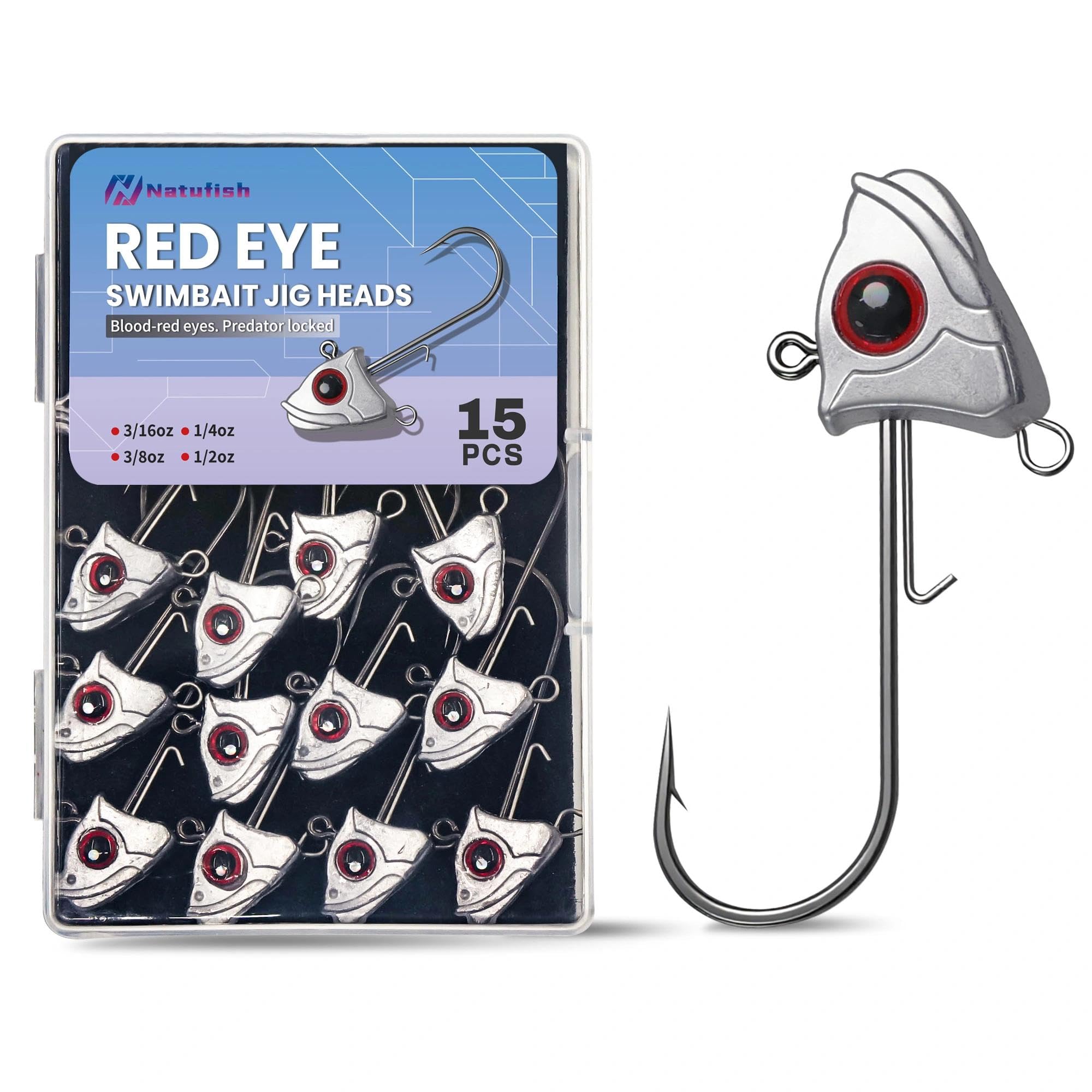15pcs 3D Fish Eyes Swimbait Jig Head for Fishing, 3/16 1/4 3/8 1/2oz Jig Heads for Freshwater Saltwater Inshore Offshore Fishing Bass, Trout, Redfish
