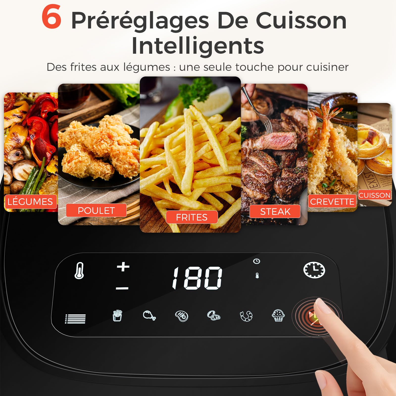 YASHE 4,2L Friteuse Sans Huile avec écran Tactile LED en Verre Trempé, 1500W 6 Menus Préréglés, Température & Minuterie Réglables, Panier Antiadhésif Compatible Lave-Vaisselle, Cuisson Sans Huile