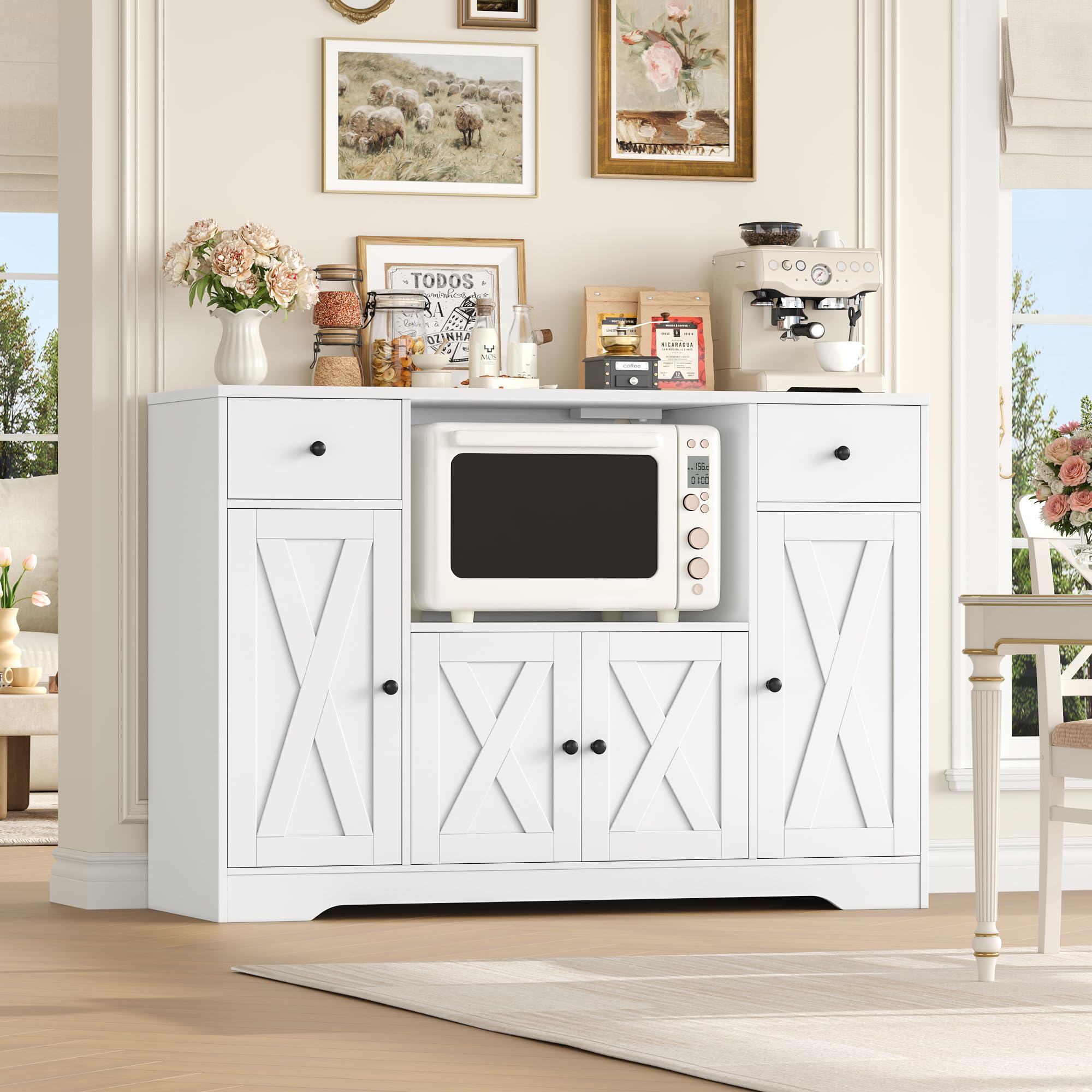 HOCSOK 120 cm Sideboard Küche, Küchenschrank mit Steckdose und Mikrowellenregal, Vorratsschrank Buffetschrank mit Verstellbare Ablagen für Küche, Esszimmer, Wohnzimmer, 120×85×40 cm