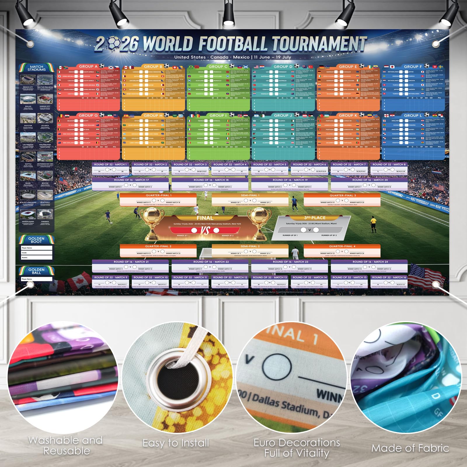 AhfuLife Grande grafico da parete in tessuto per decorazioni per feste 2026, 180 x 110 cm, include 48 squadre gruppo risultati finali calendario da parete per tifosi di calcio per interni ed esterni